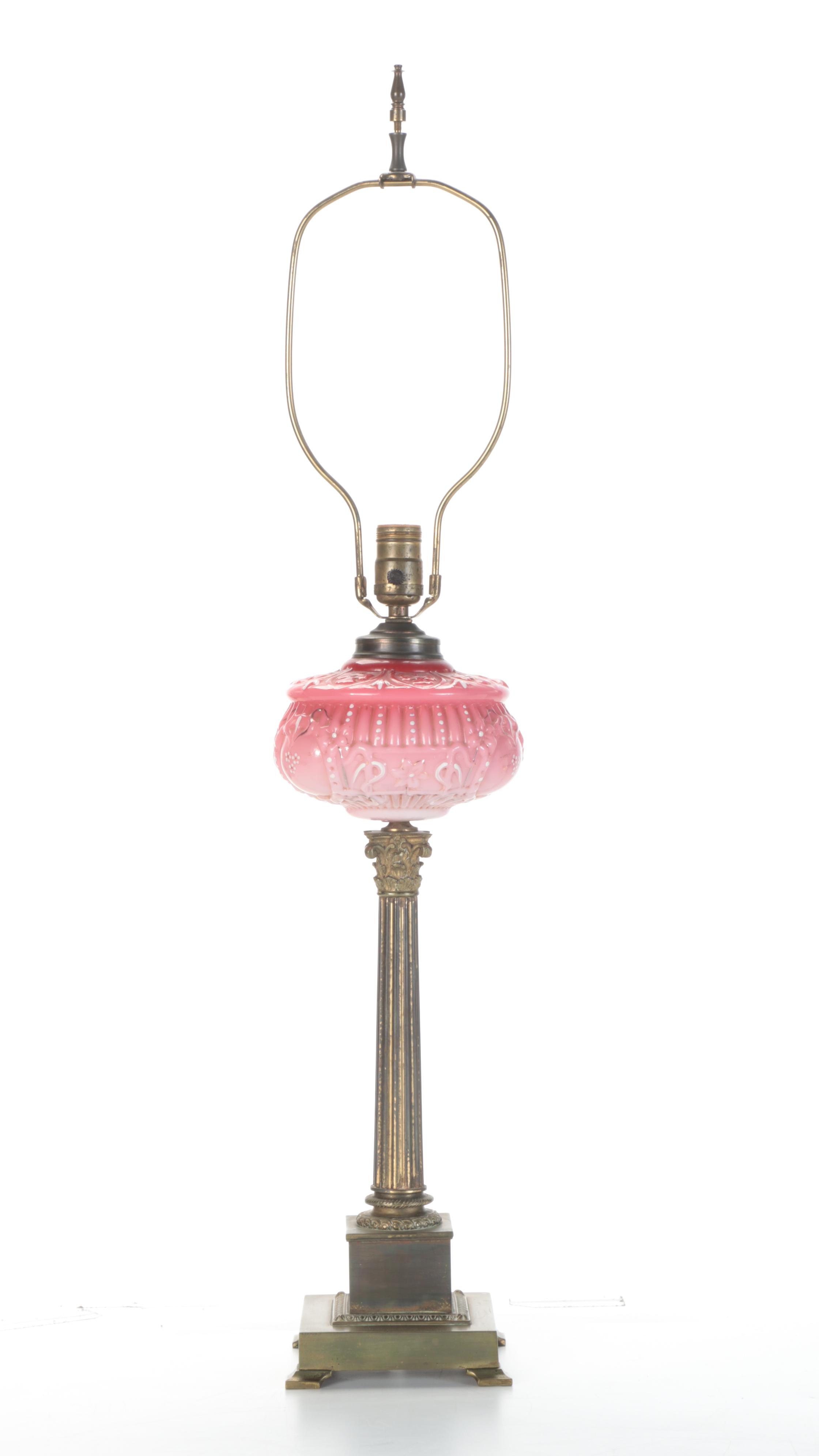 Victorian Pink Satin Mold Blown Glass Oil Banquet Lamp, Adapted Mid-20th C