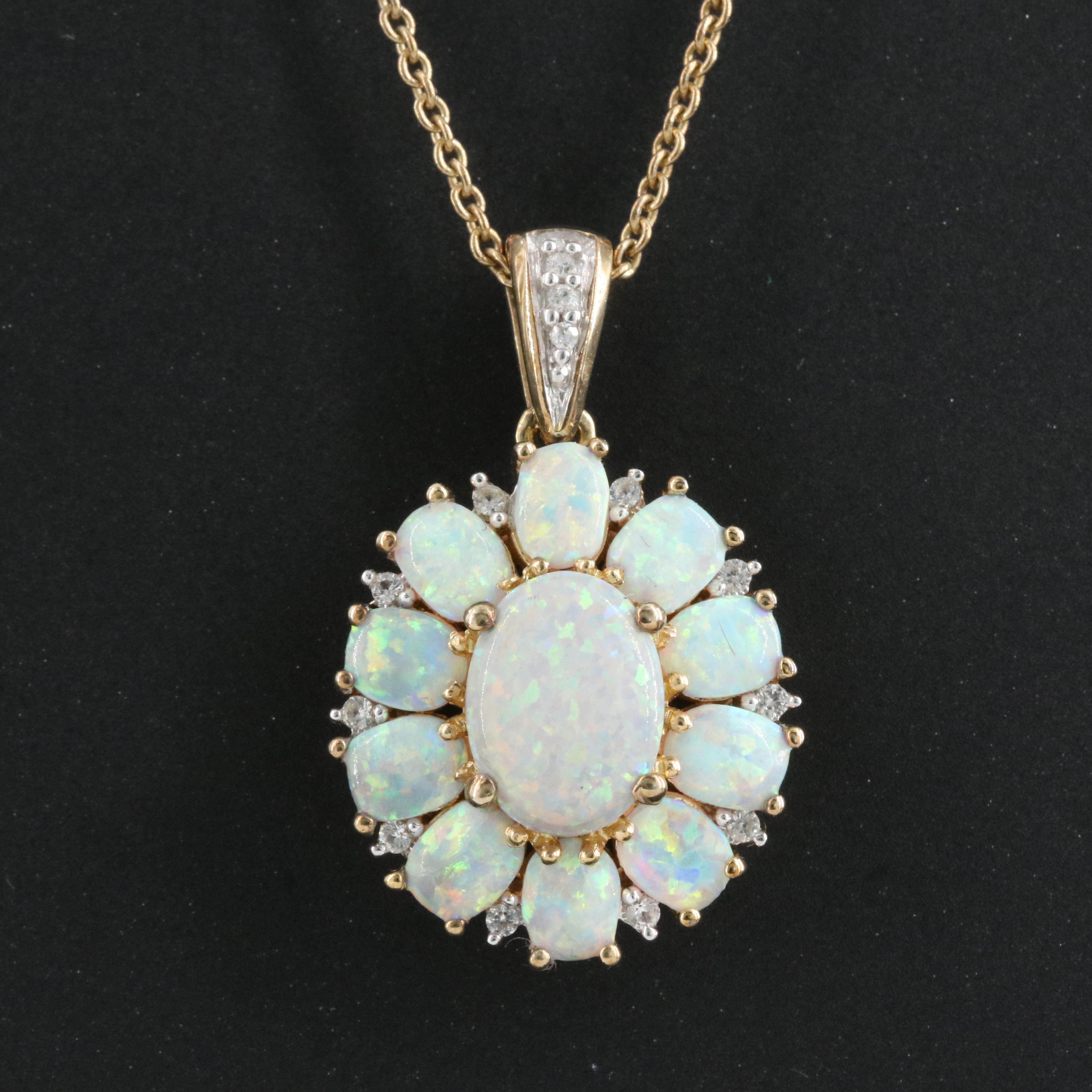 Sterling Opal, Diamond and Sapphire Pendant Necklace