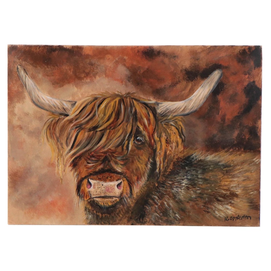 K. Eggleston Oil Painting of Highland Cow, 21st Century