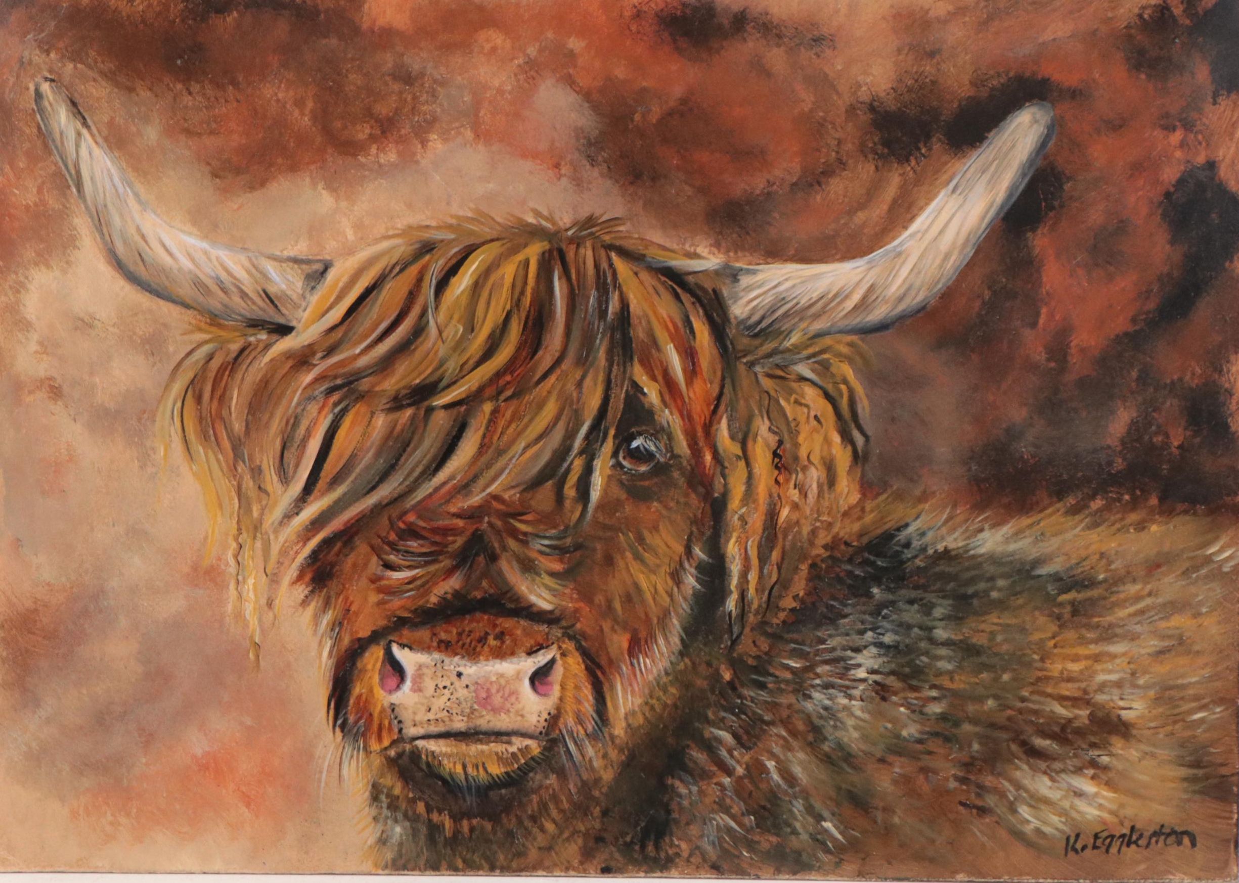 K. Eggleston Oil Painting of Highland Cow, 21st Century