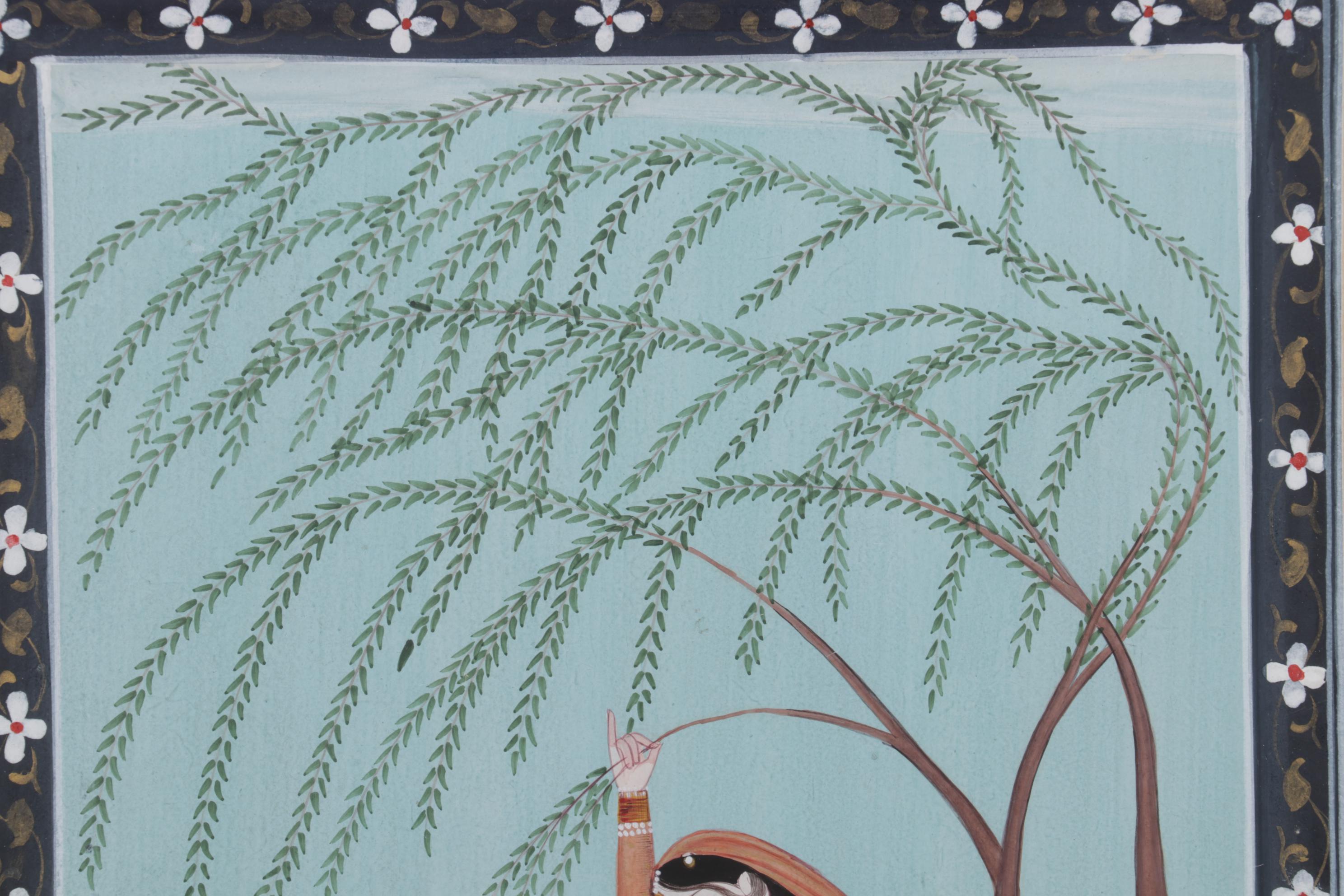 Persian Mughal Style Gouache Painting of Woman Feeding Blackbuck