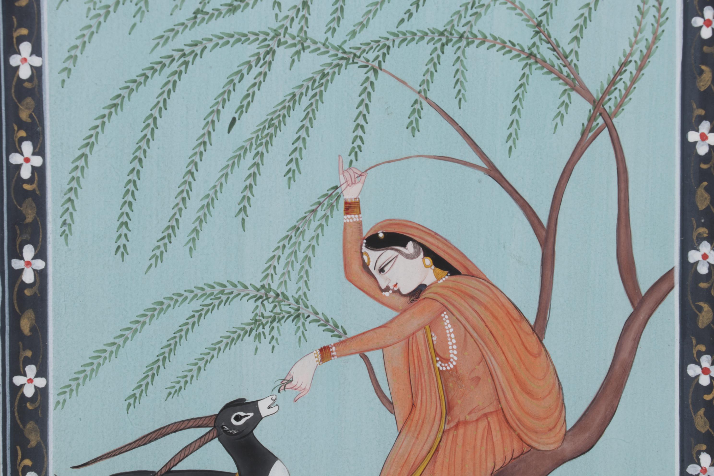 Persian Mughal Style Gouache Painting of Woman Feeding Blackbuck
