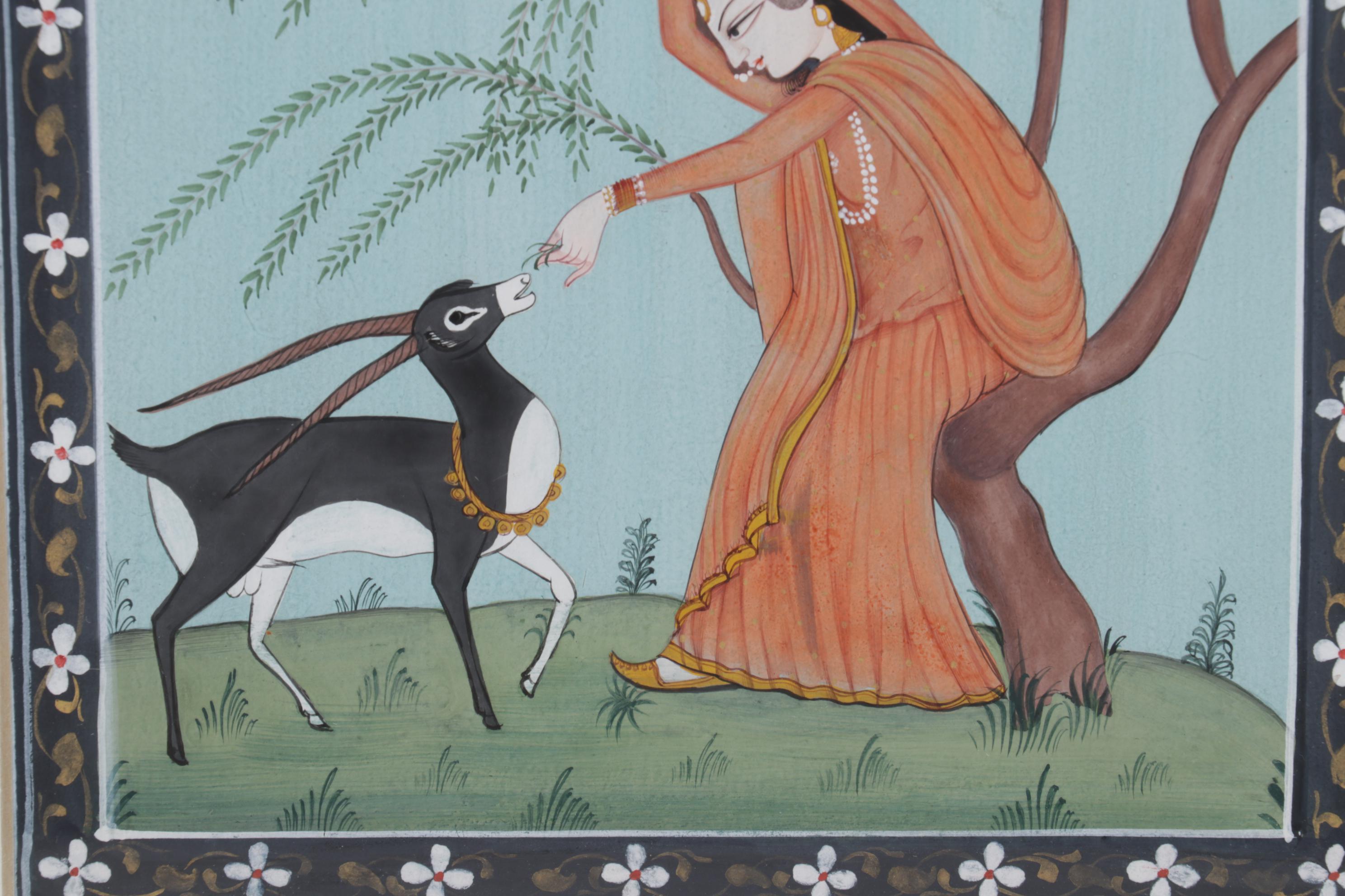 Persian Mughal Style Gouache Painting of Woman Feeding Blackbuck