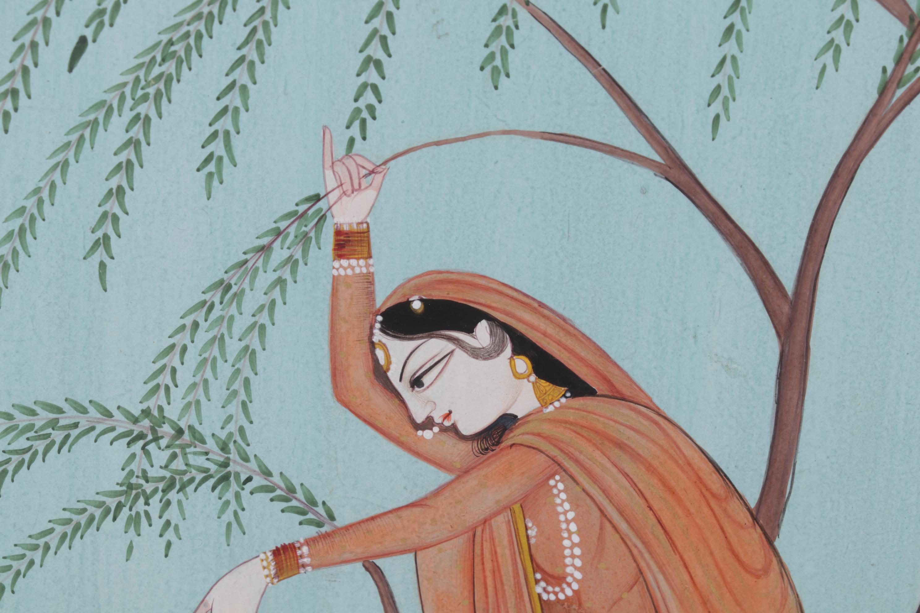Persian Mughal Style Gouache Painting of Woman Feeding Blackbuck