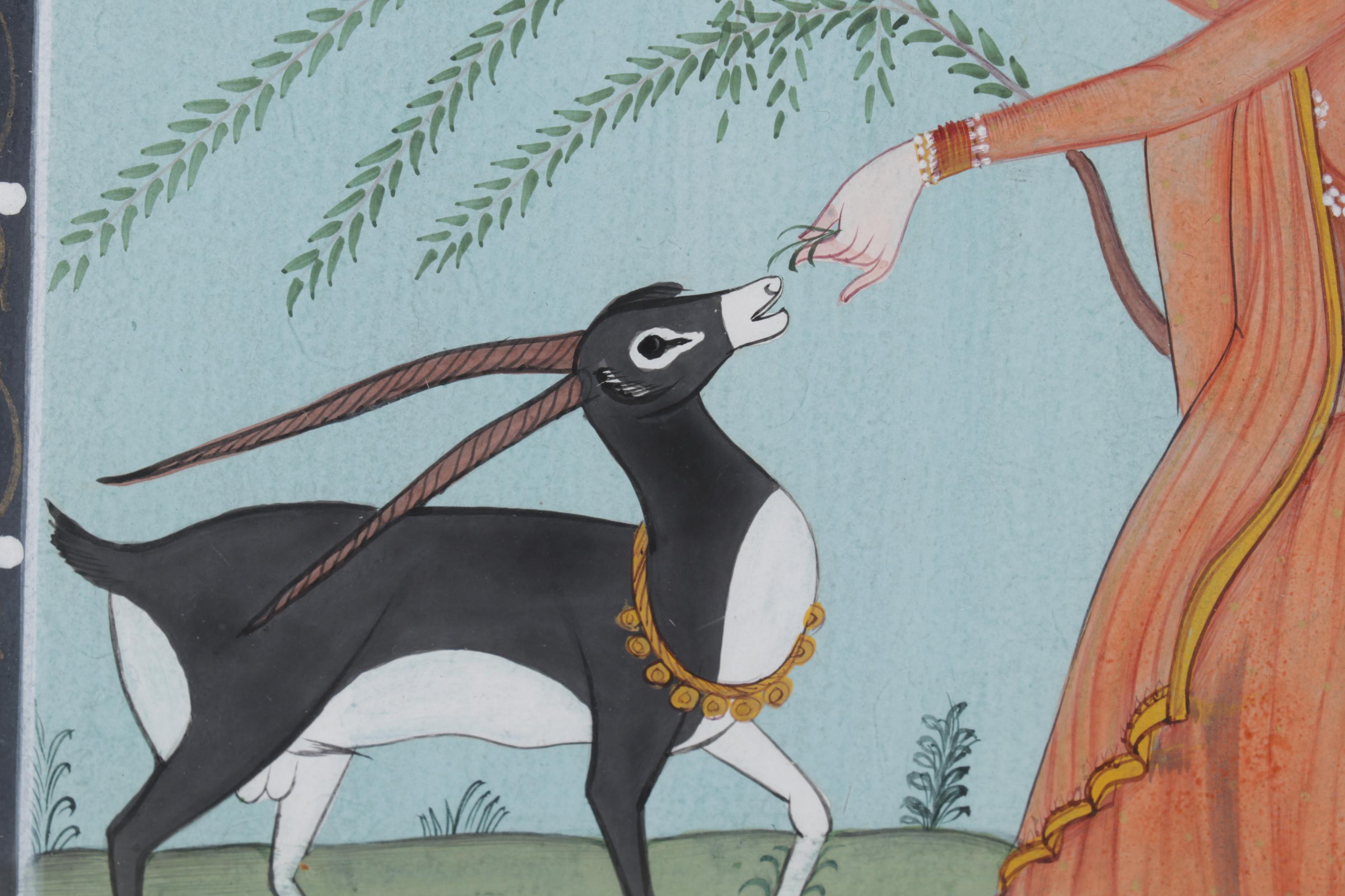 Persian Mughal Style Gouache Painting of Woman Feeding Blackbuck