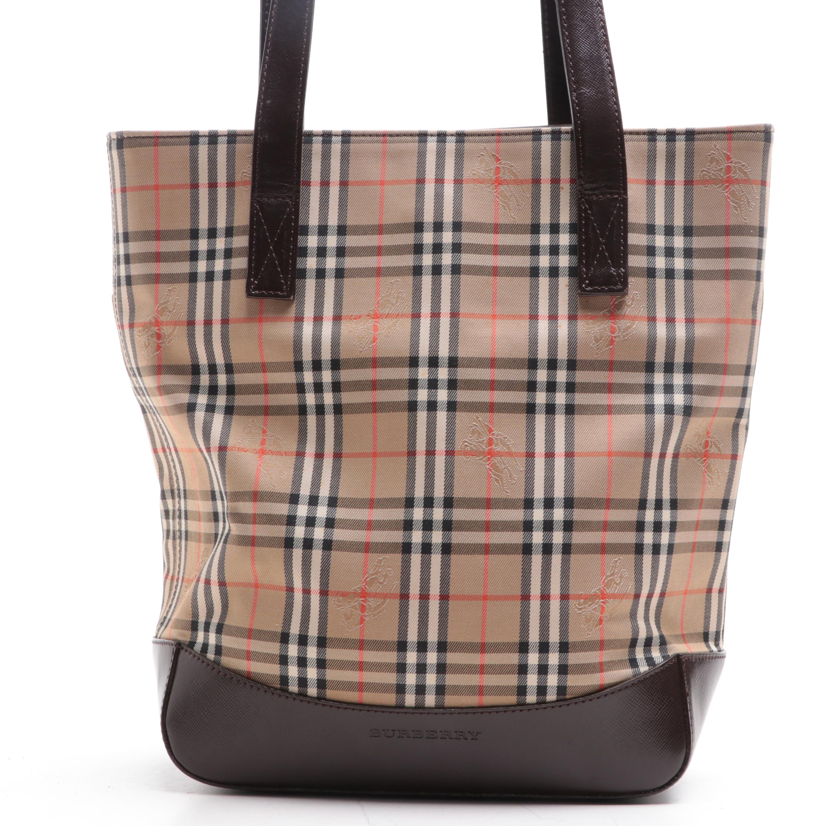 Burberry Shoulder Tote Bag in Haymarket Check Canvas and Brown Leather