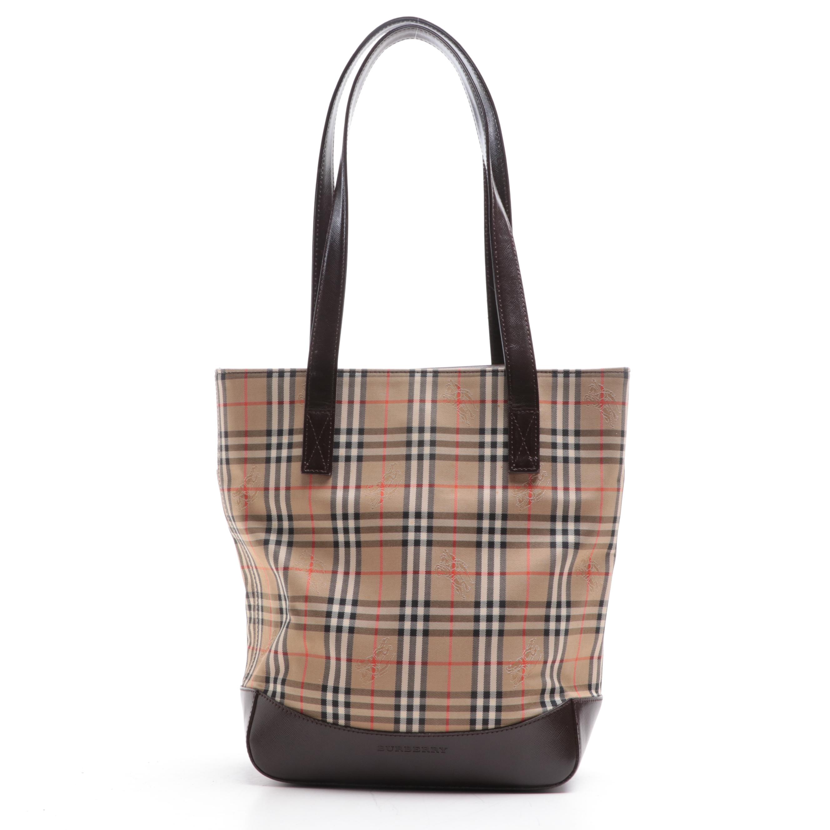 Burberry Shoulder Tote Bag in Haymarket Check Canvas and Brown Leather
