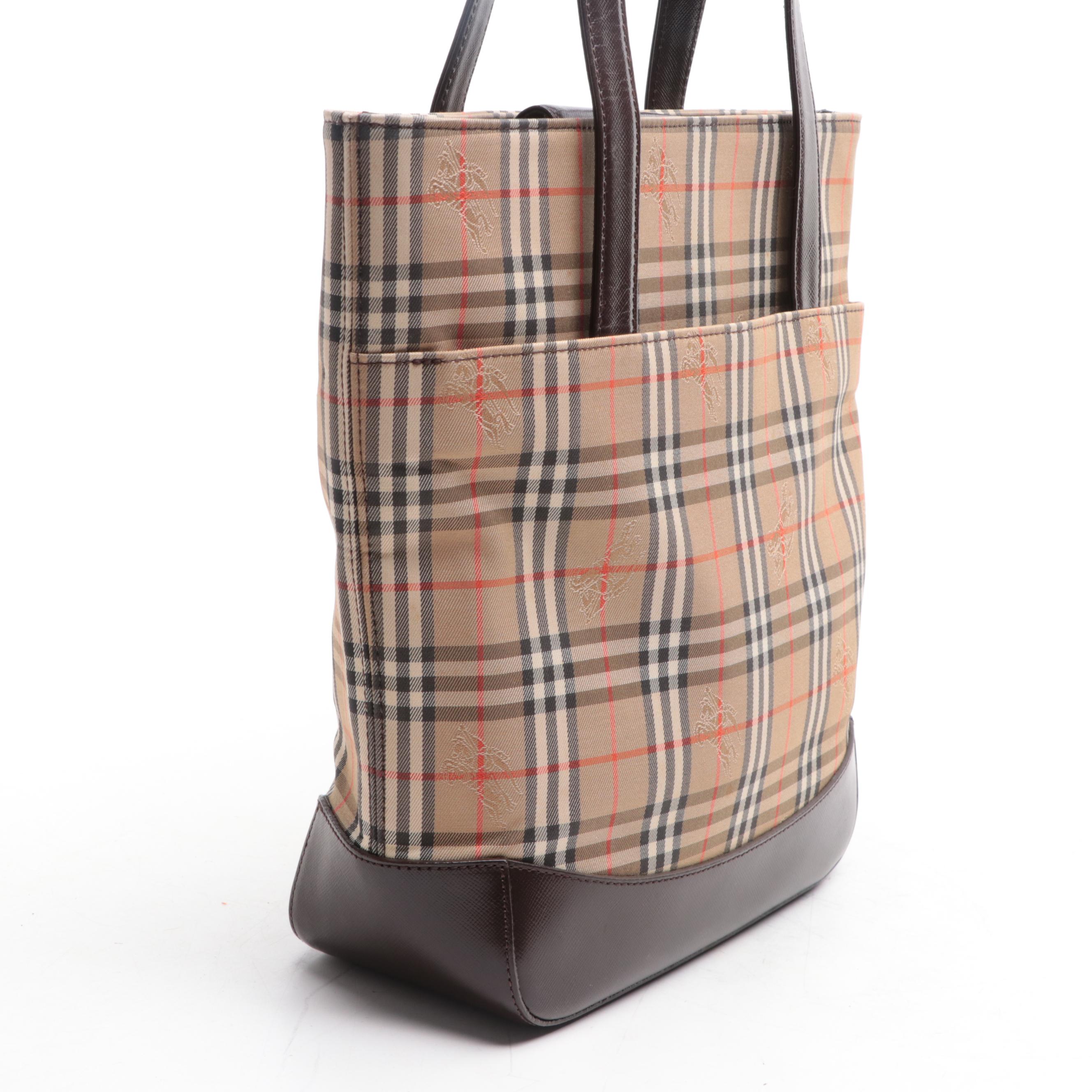 Burberry Shoulder Tote Bag in Haymarket Check Canvas and Brown Leather