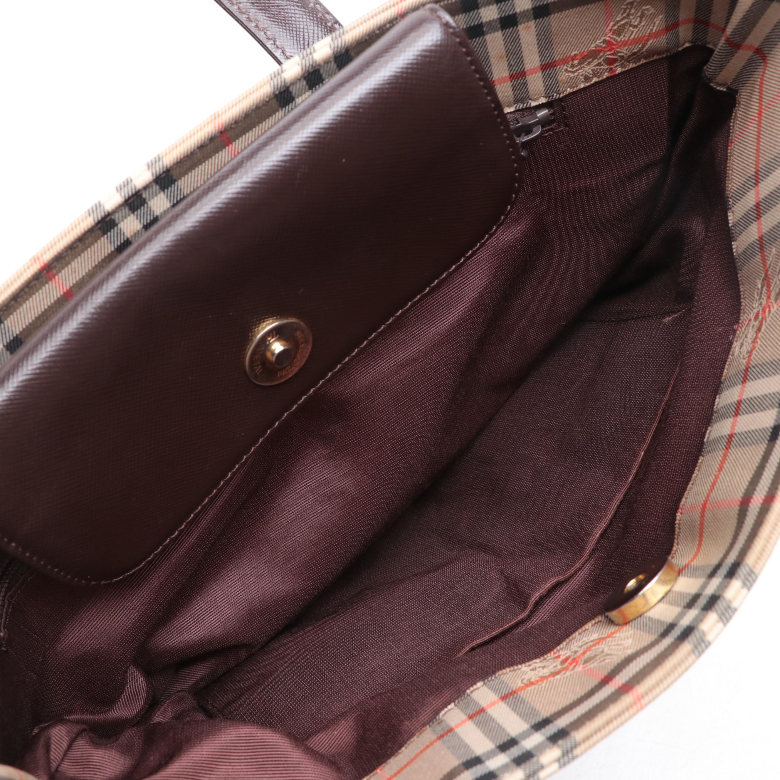 Burberry Shoulder Tote Bag in Haymarket Check Canvas and Brown Leather
