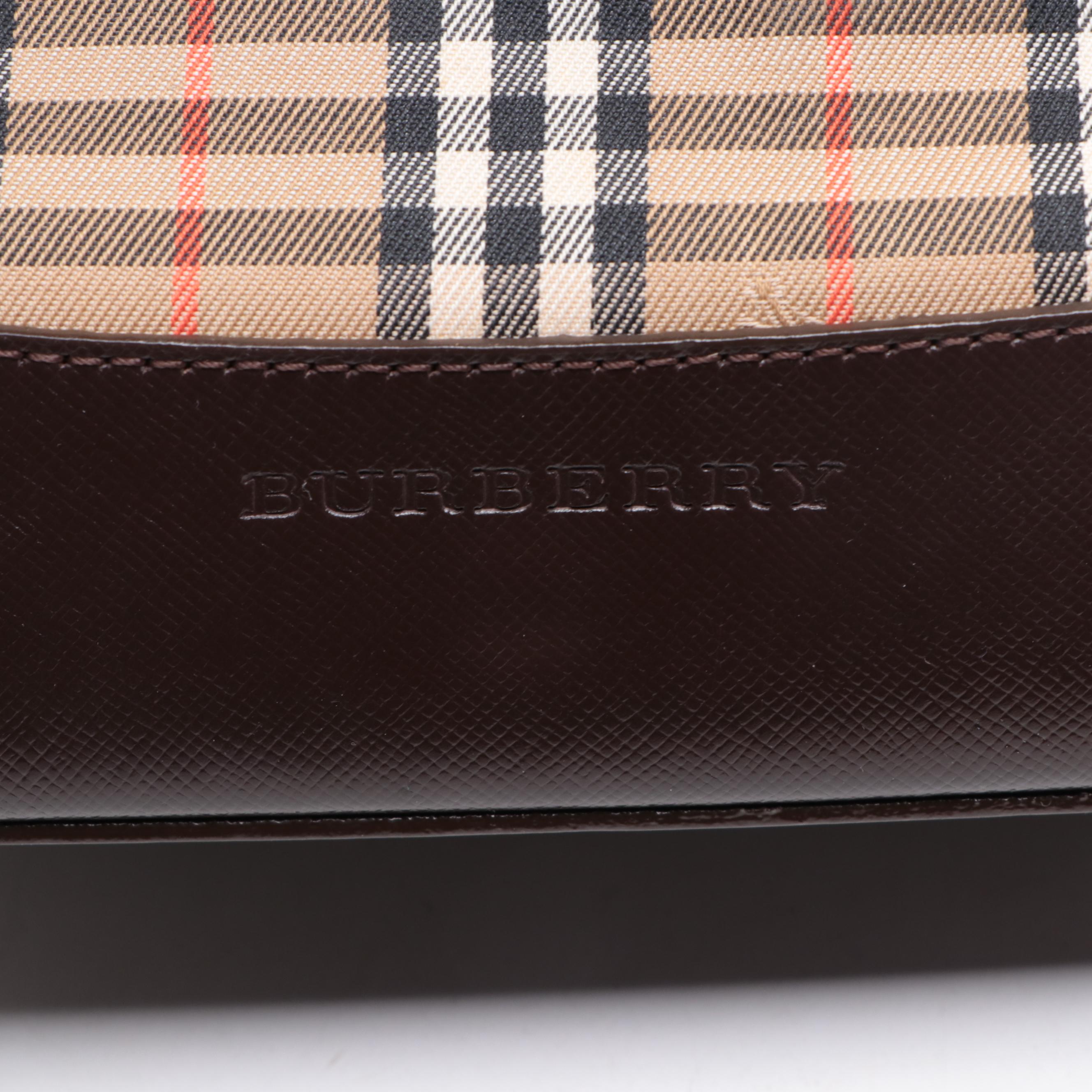 Burberry Shoulder Tote Bag in Haymarket Check Canvas and Brown Leather