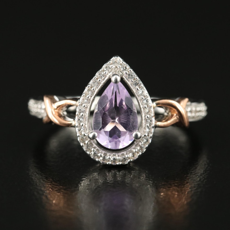 Sterling Amethyst and White Sapphire Teardrop Ring with 10K Rose Gold Accent