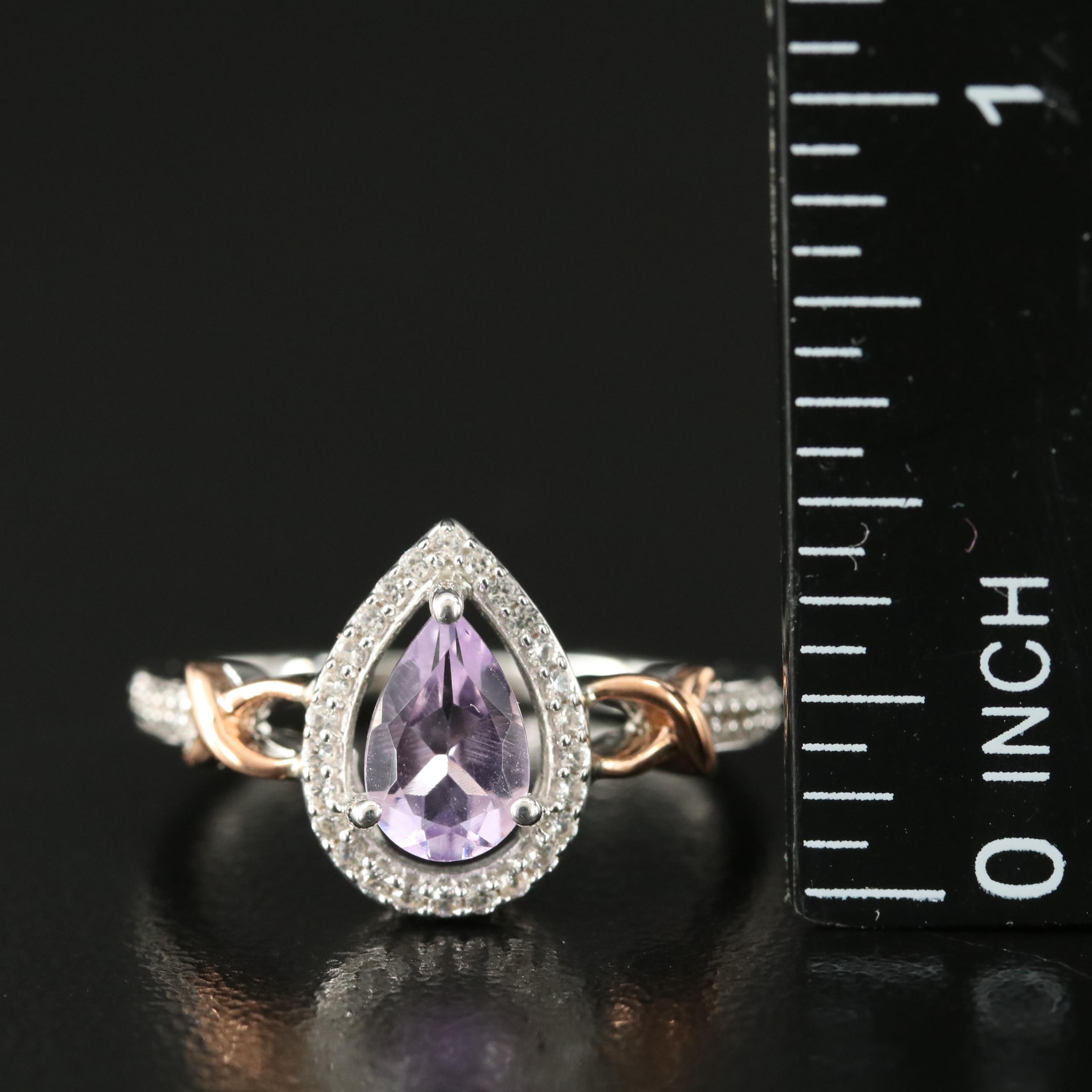 Sterling Amethyst and White Sapphire Teardrop Ring with 10K Rose Gold Accent
