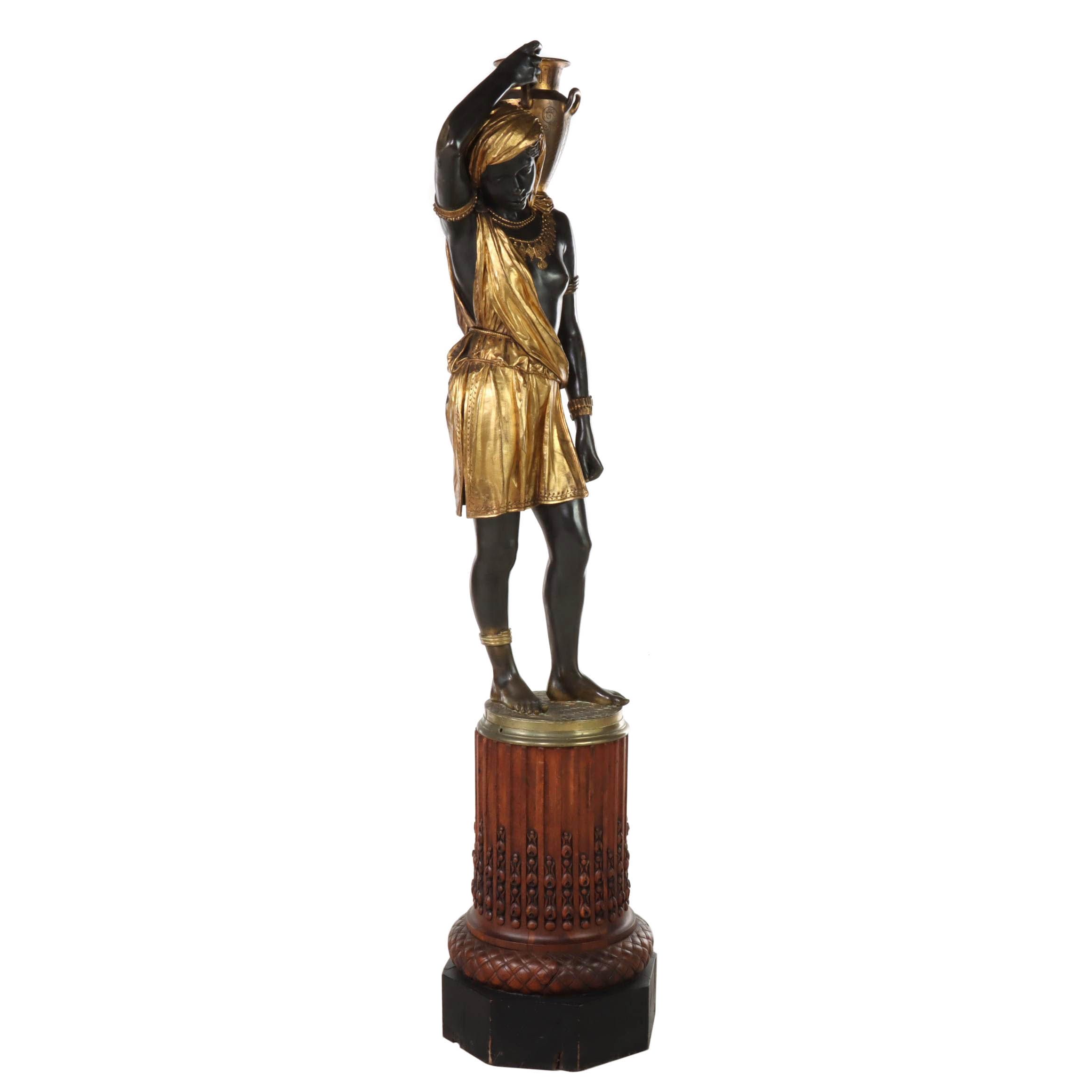 Gilt and Patinated Bronze Moor Sculpture on Carved Pedestal, French 19th C