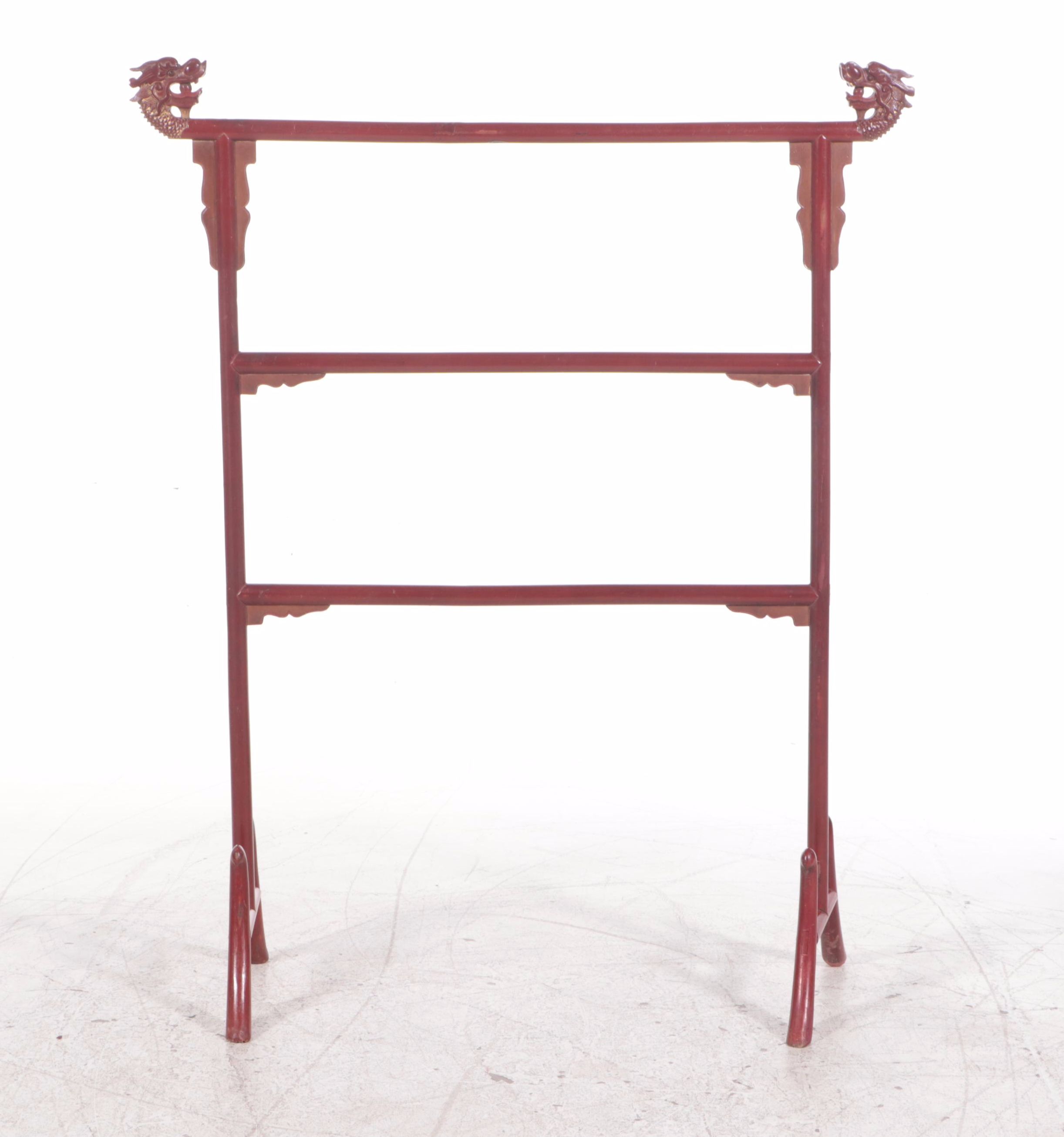 Chinese Red and Gilt-Lacquered Clothes Rack with Dragon's Head Terminals