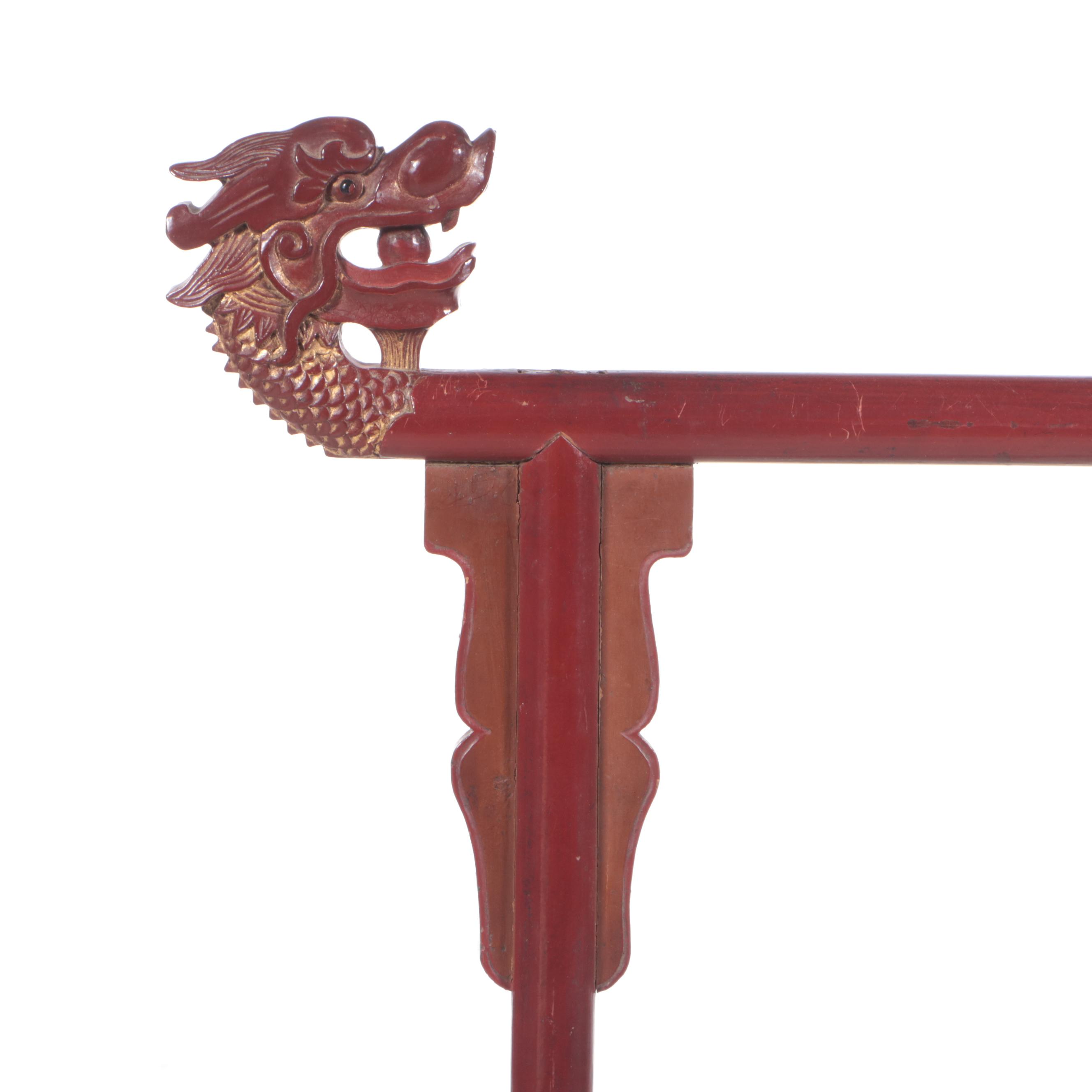 Chinese Red and Gilt-Lacquered Clothes Rack with Dragon's Head Terminals