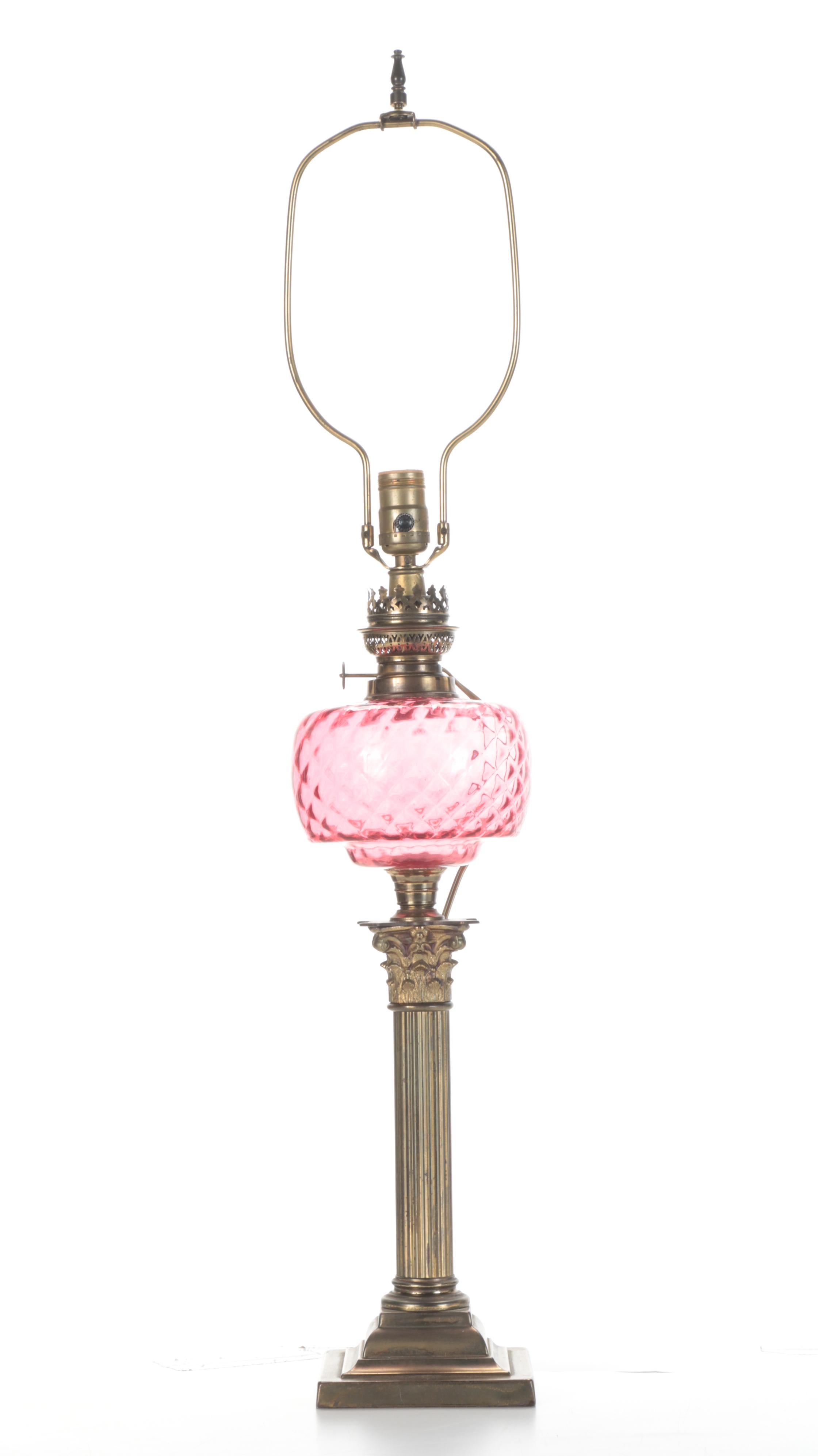 Victorian Columnated Quilted Ruby Glass Oil Lamp, Adapted With French Wiring