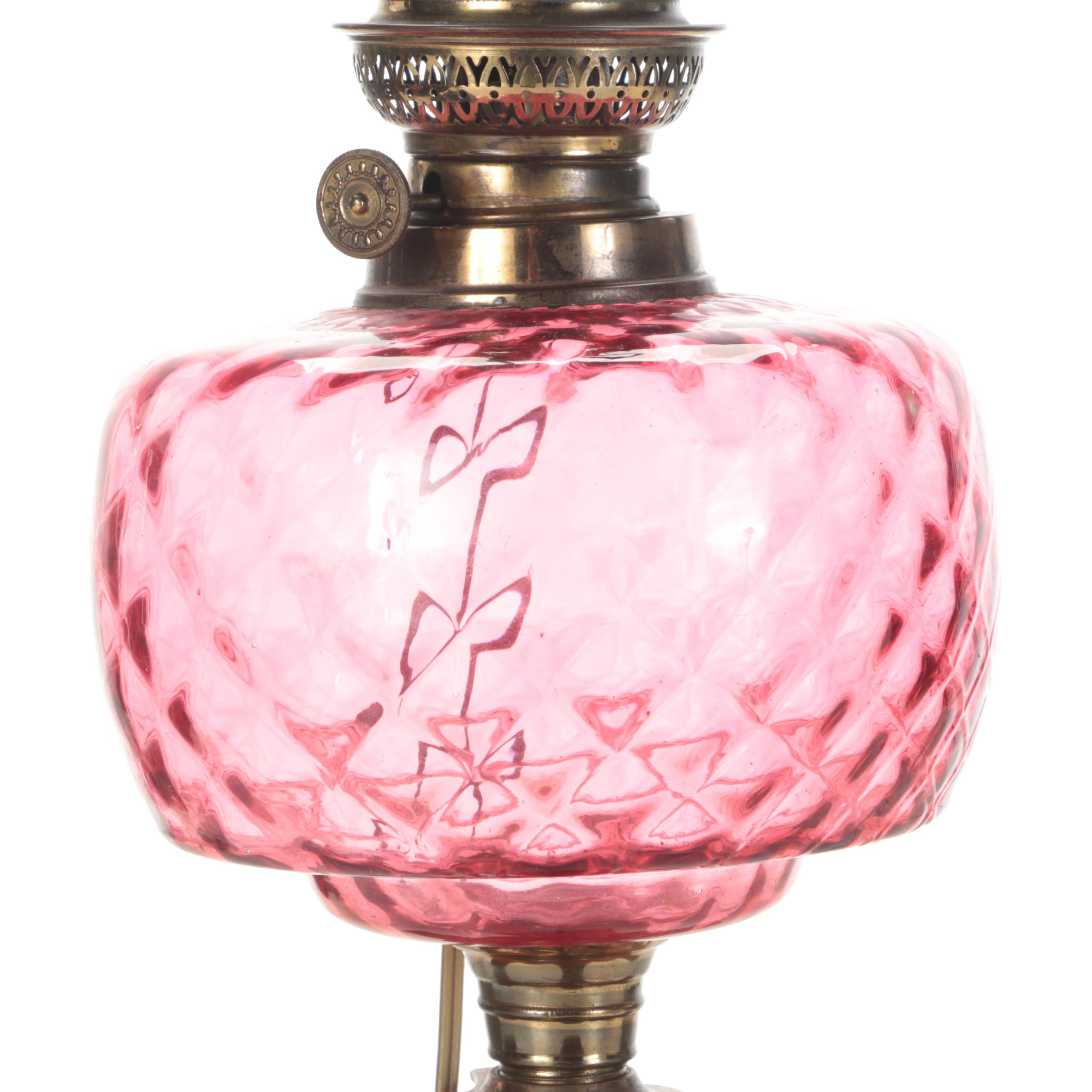 Victorian Columnated Quilted Ruby Glass Oil Lamp, Adapted With French Wiring