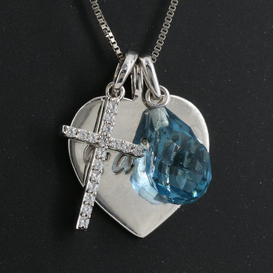 Sterling Topaz and Cubic Zirconia Cross and Faith Heart Pendant Necklace
