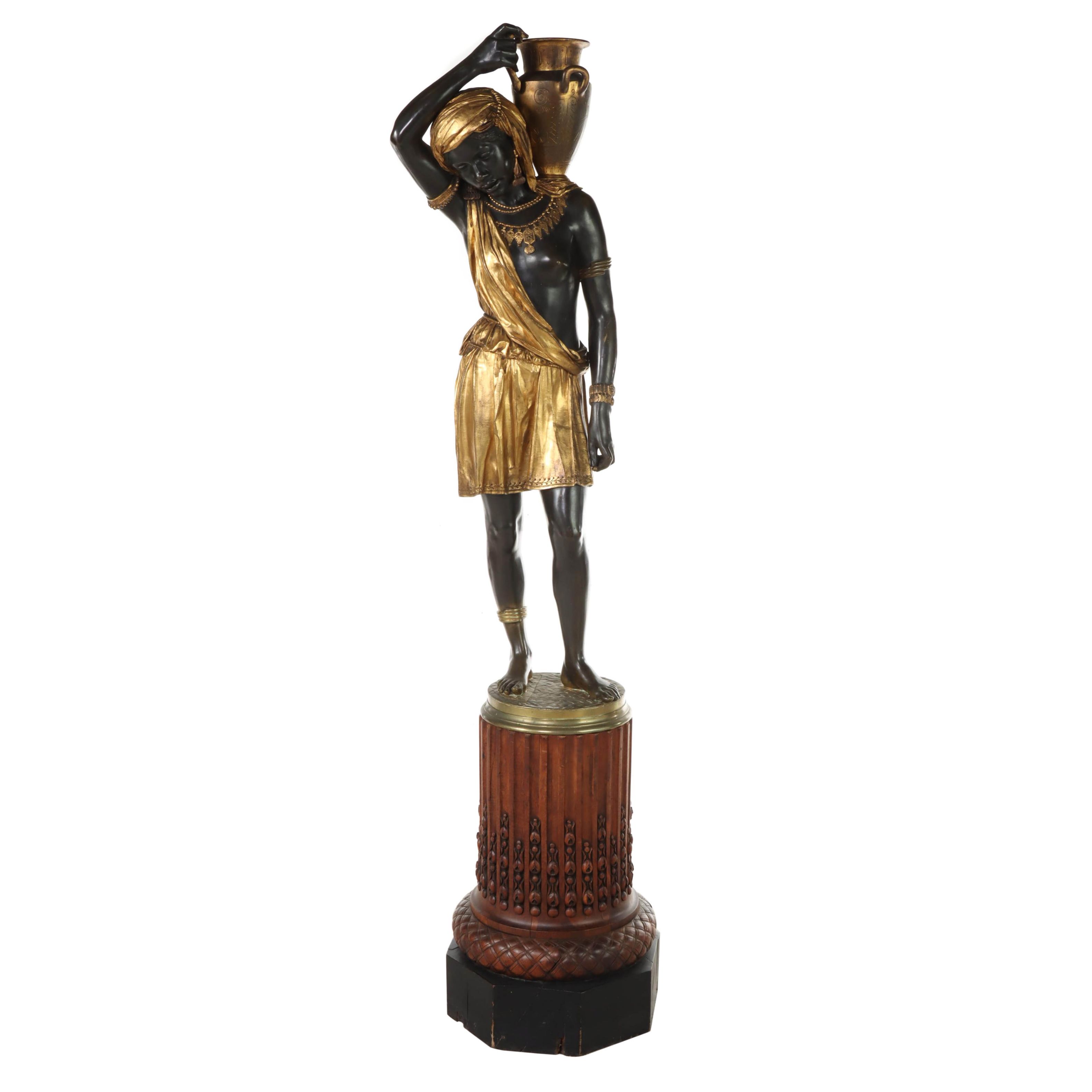 Gilt and Patinated Bronze Moor Sculpture on Carved Pedestal, French 19th C