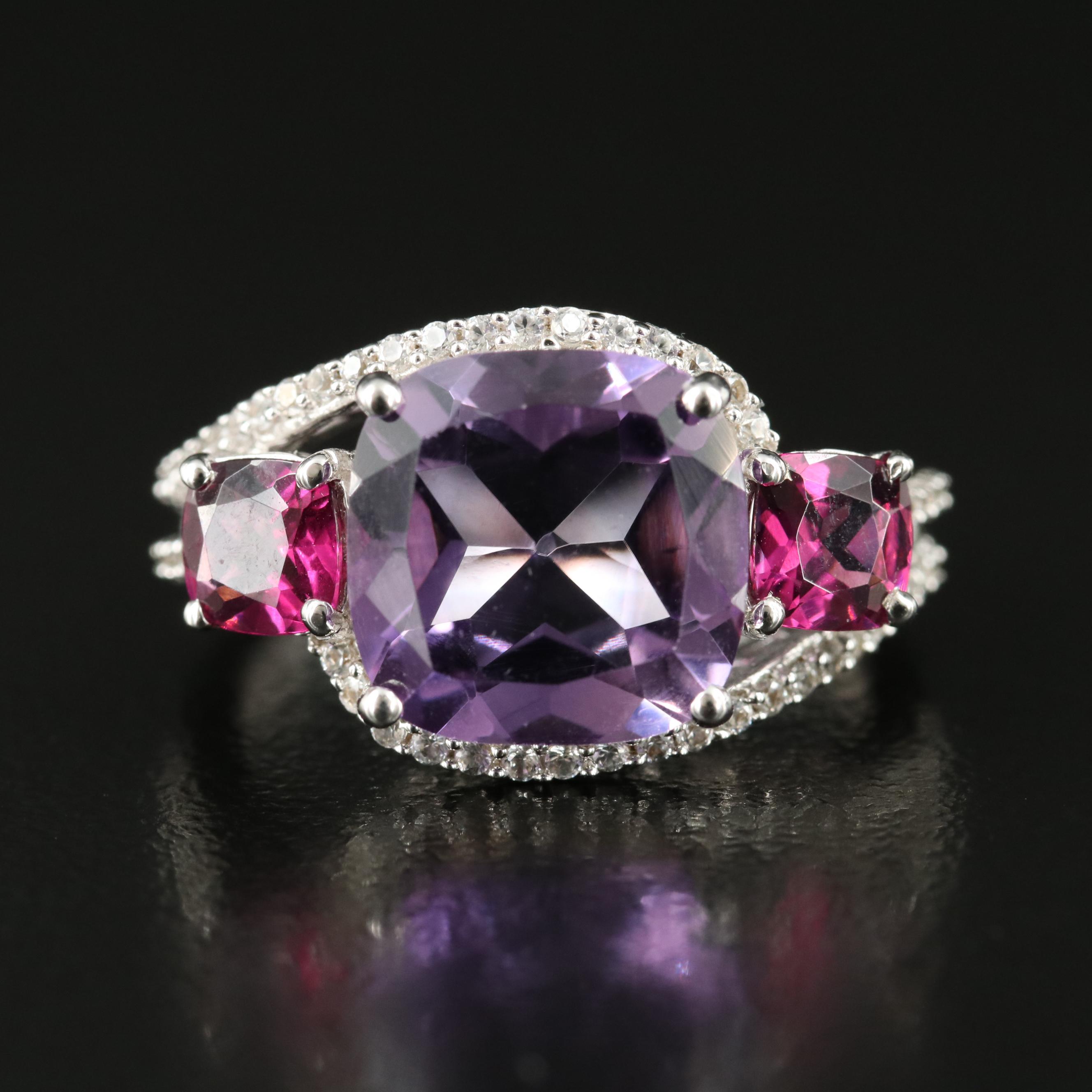 Sterling Amethyst, Garnet and White Sapphire Ring
