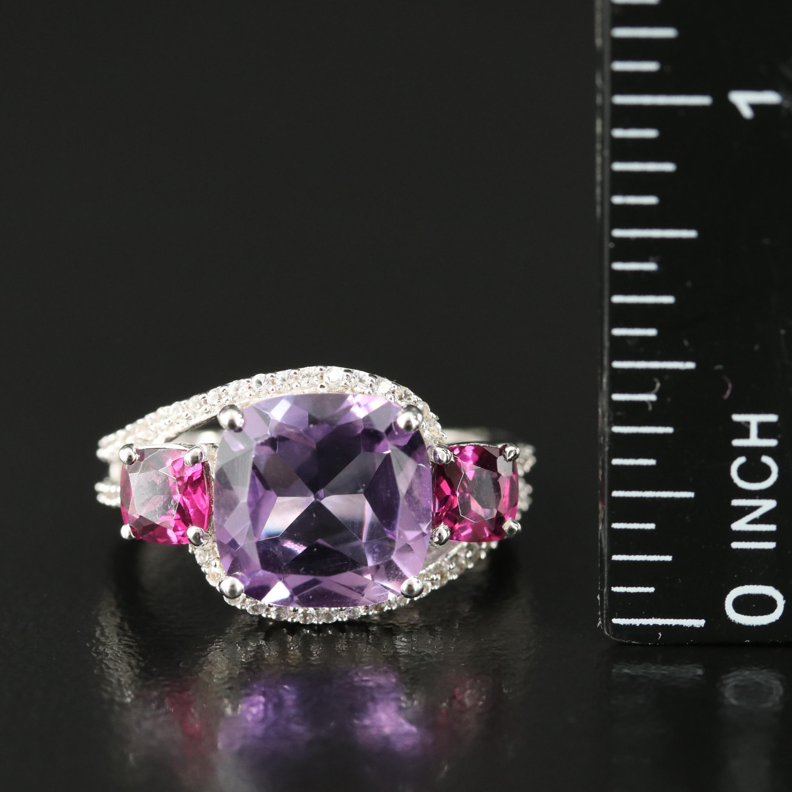 Sterling Amethyst, Garnet and White Sapphire Ring