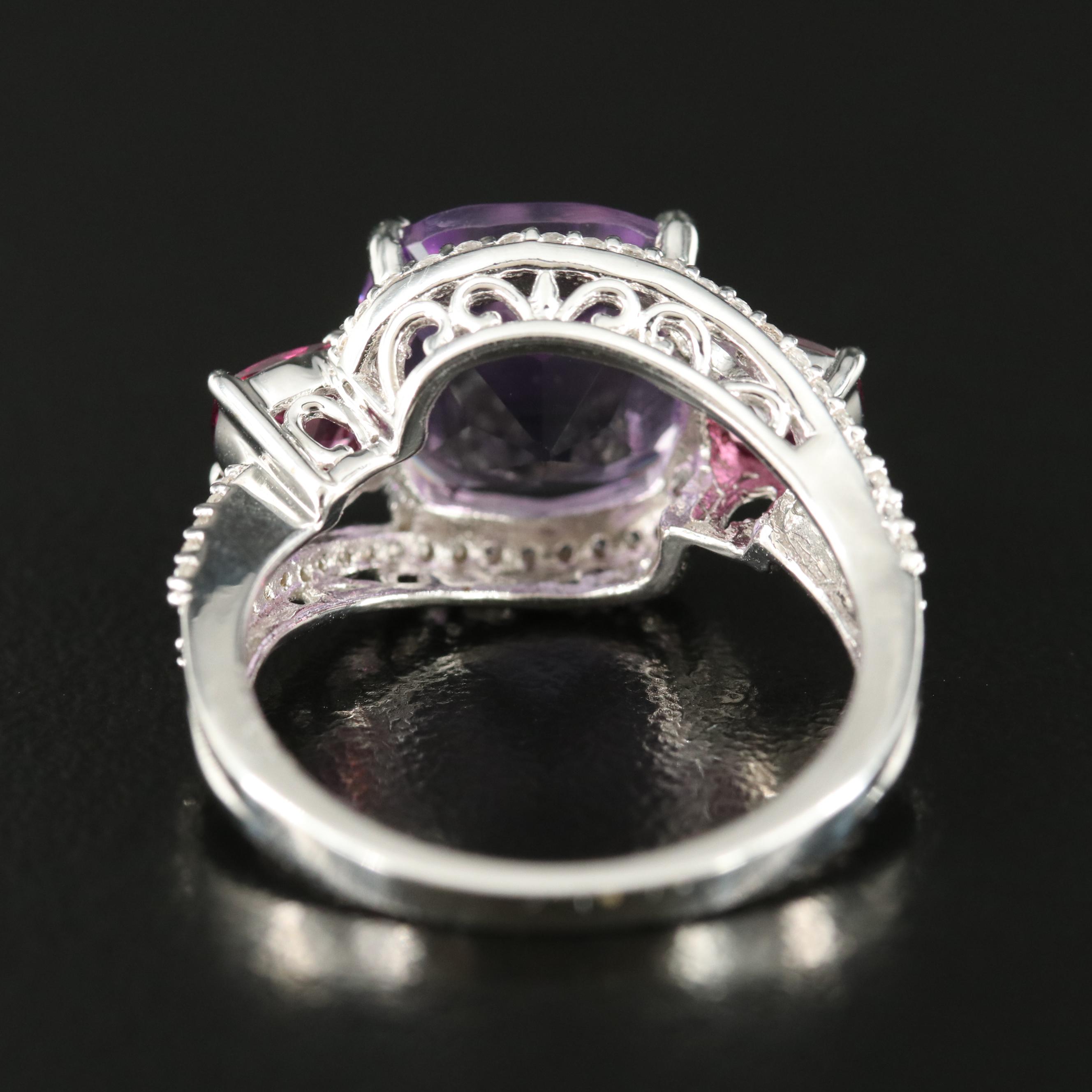 Sterling Amethyst, Garnet and White Sapphire Ring