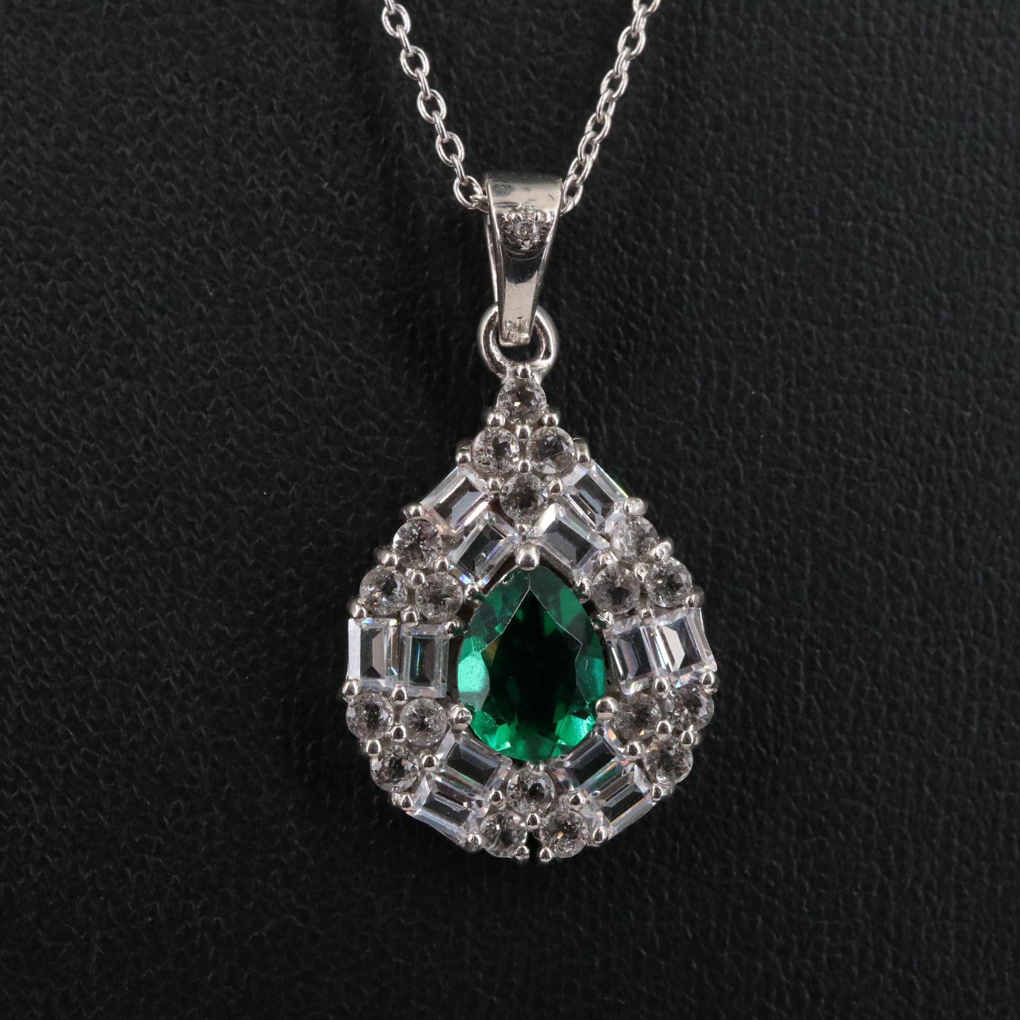 Sterling Emerald and Cubic Zirconia Teardrop Pendant Necklace