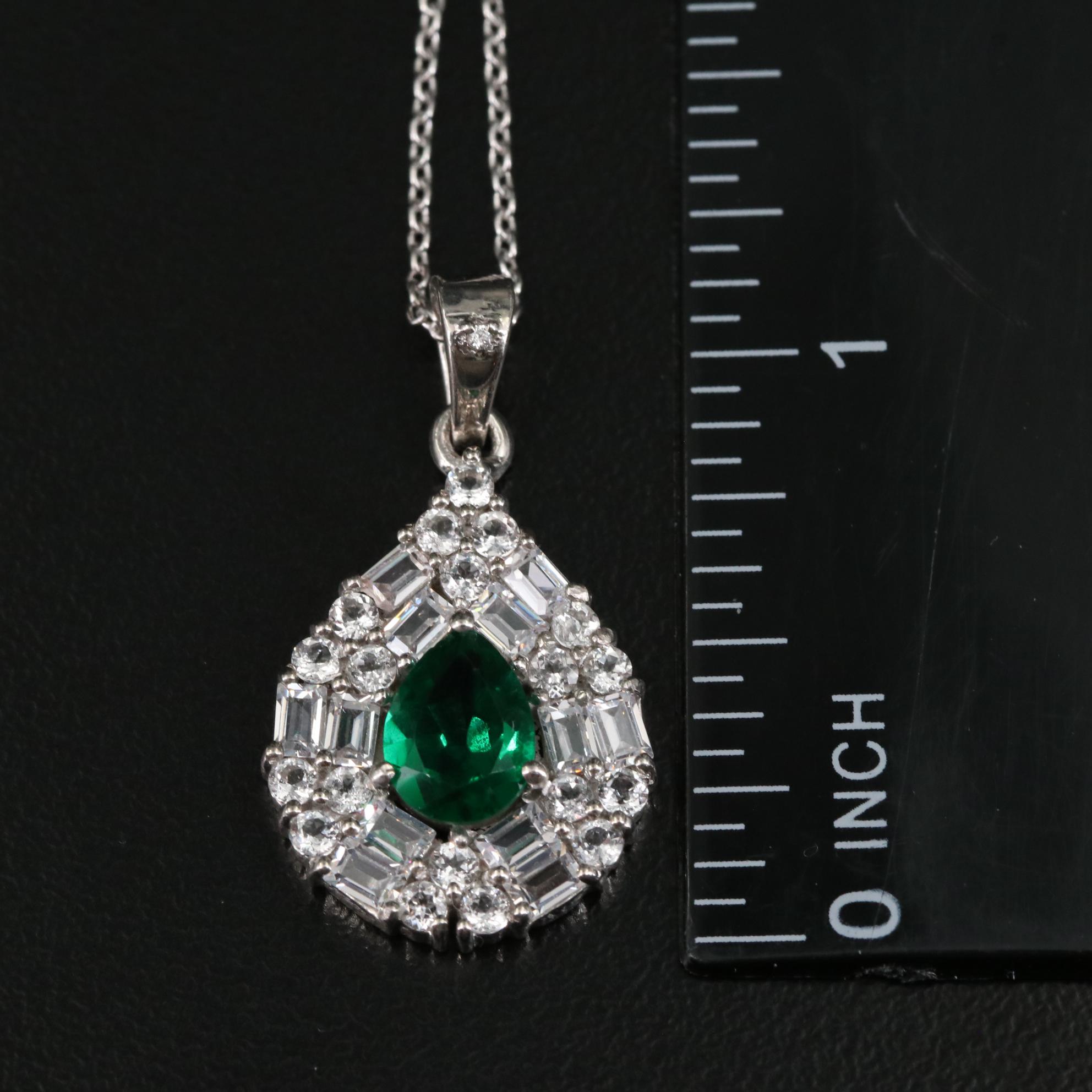 Sterling Emerald and Cubic Zirconia Teardrop Pendant Necklace