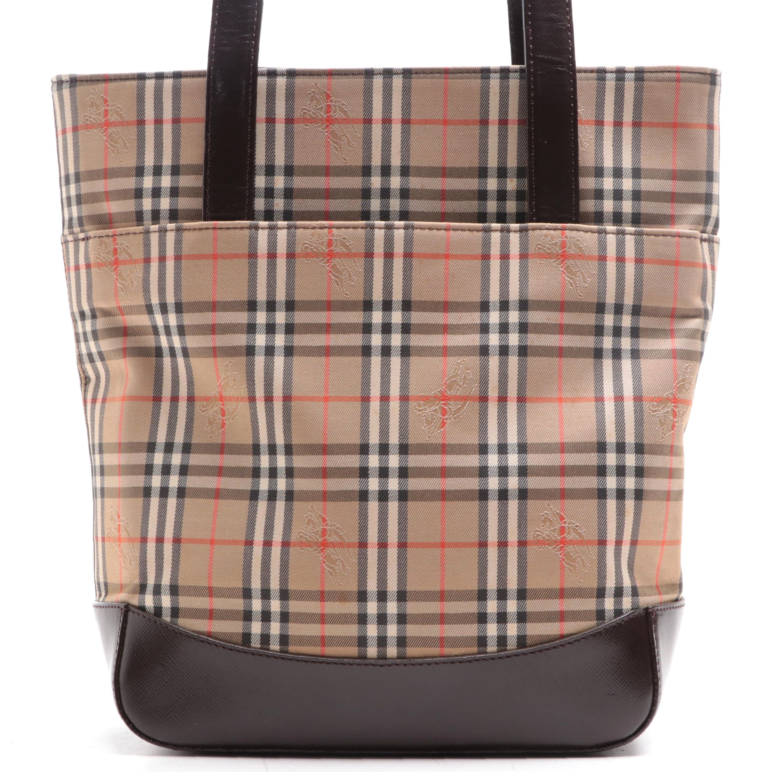 Burberry Shoulder Tote Bag in Haymarket Check Canvas and Brown Leather
