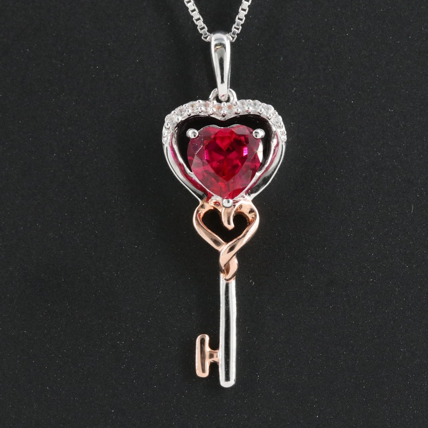 Sterling Ruby and Sapphire Heart Key Pendant Necklace