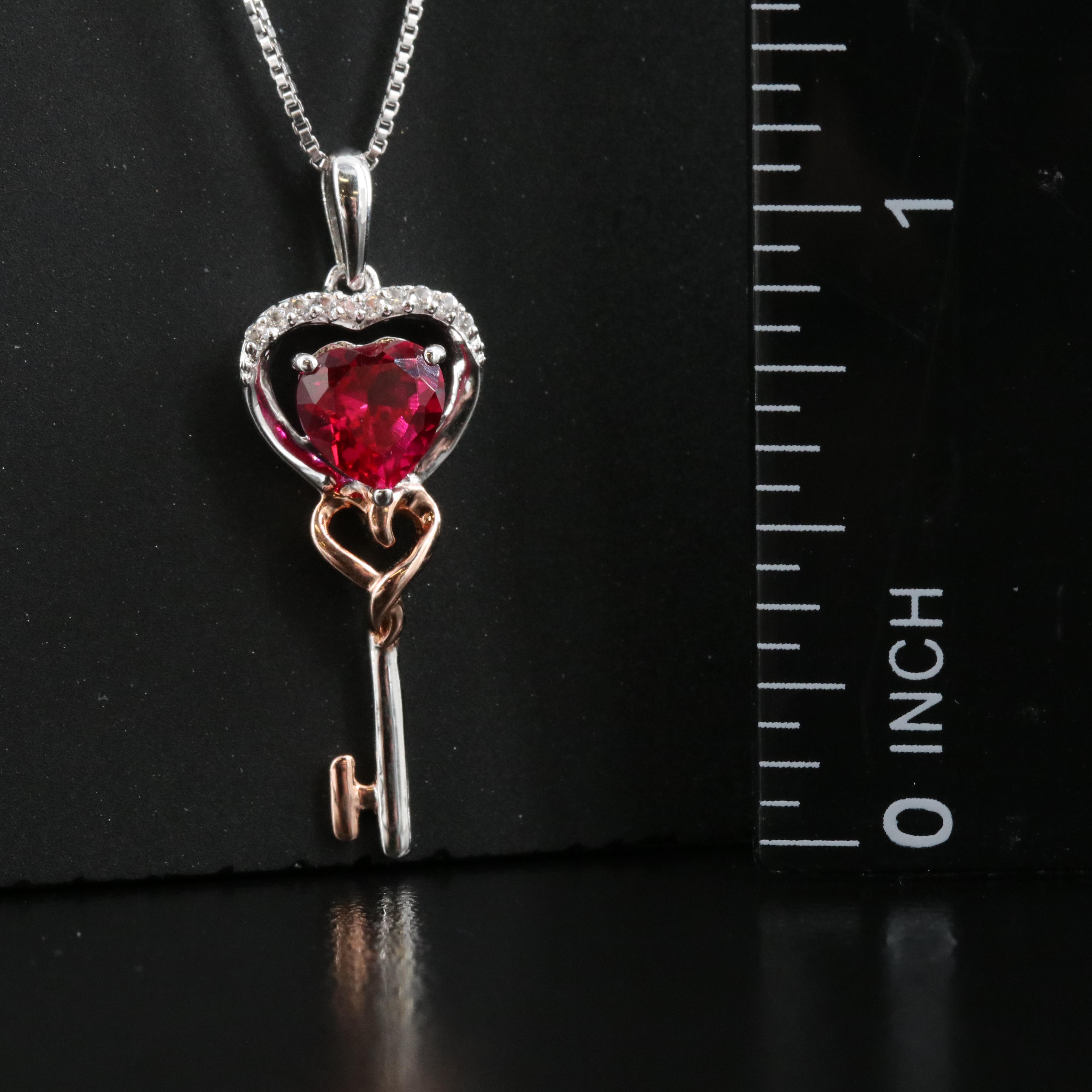 Sterling Ruby and Sapphire Heart Key Pendant Necklace