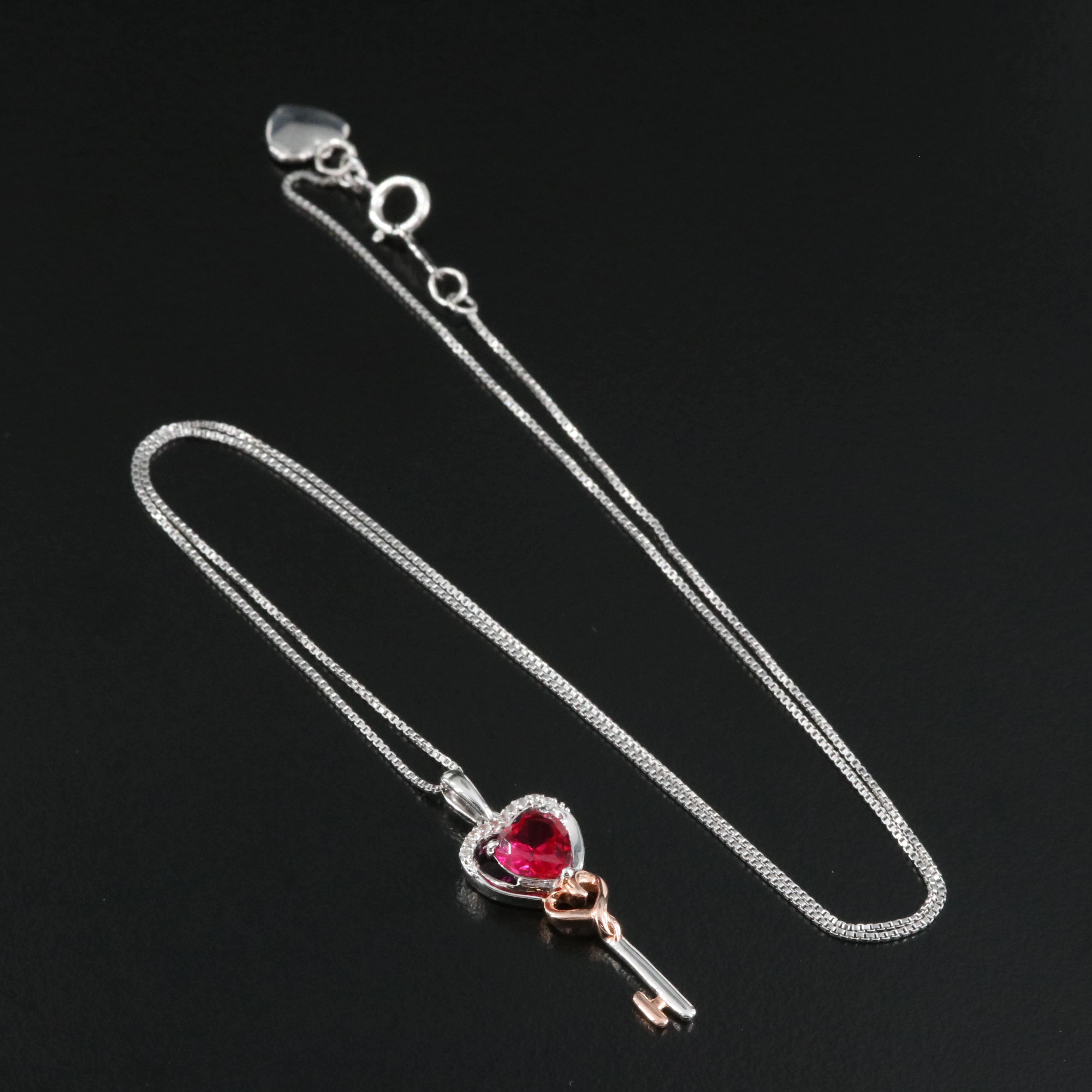 Sterling Ruby and Sapphire Heart Key Pendant Necklace