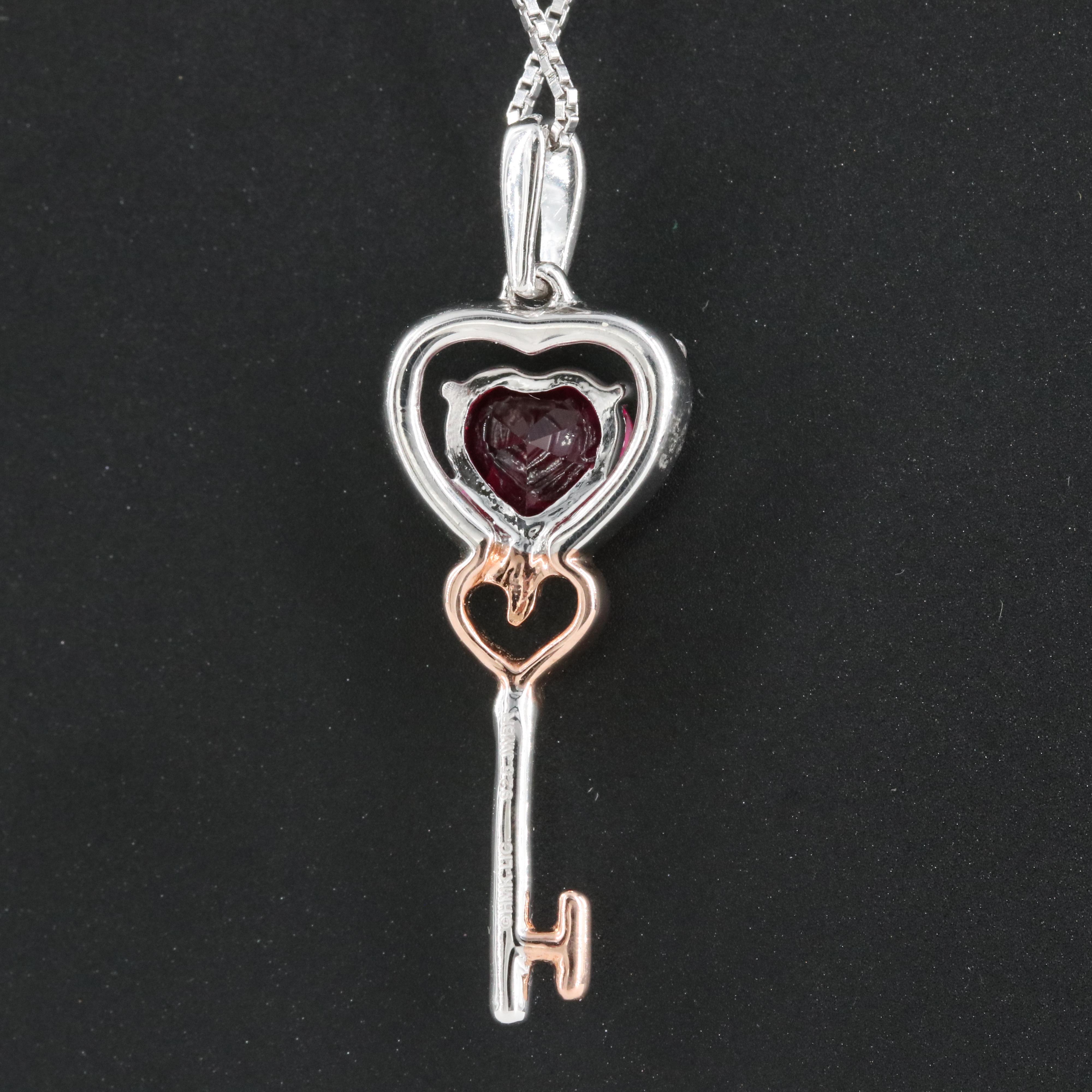 Sterling Ruby and Sapphire Heart Key Pendant Necklace