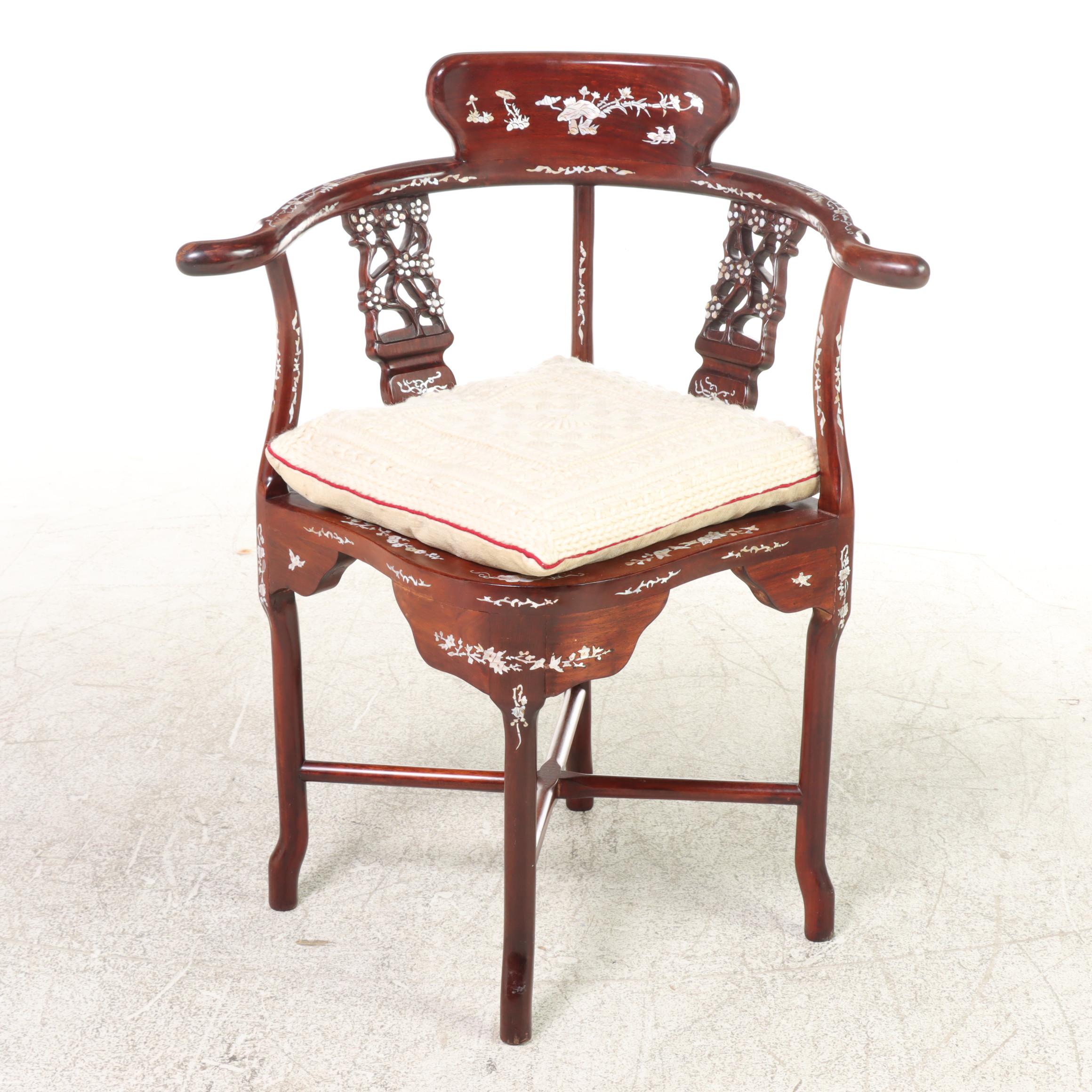 Chinese Carved Hardwood and Mother-of-Pearl Inlaid Corner Armchair