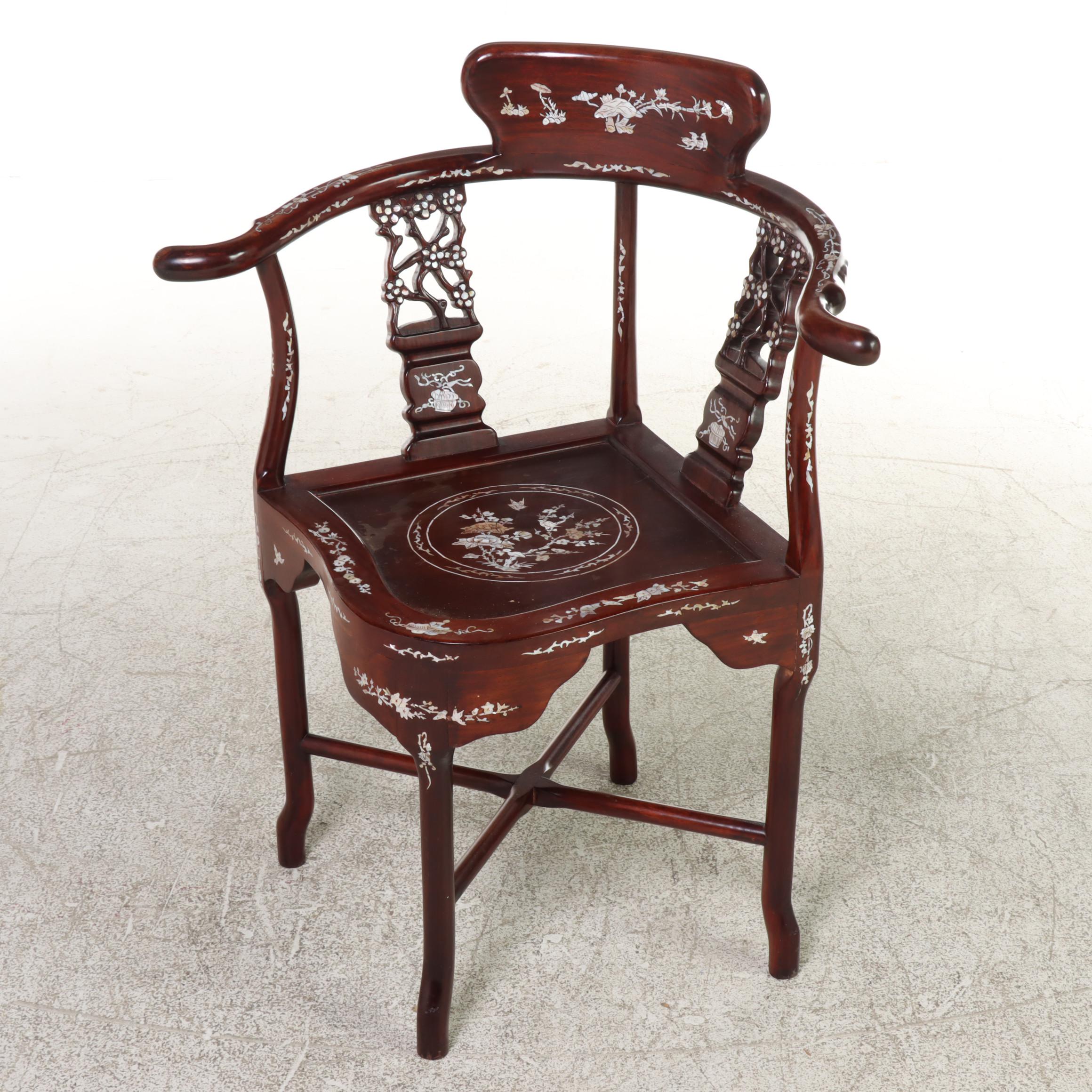 Chinese Carved Hardwood and Mother-of-Pearl Inlaid Corner Armchair