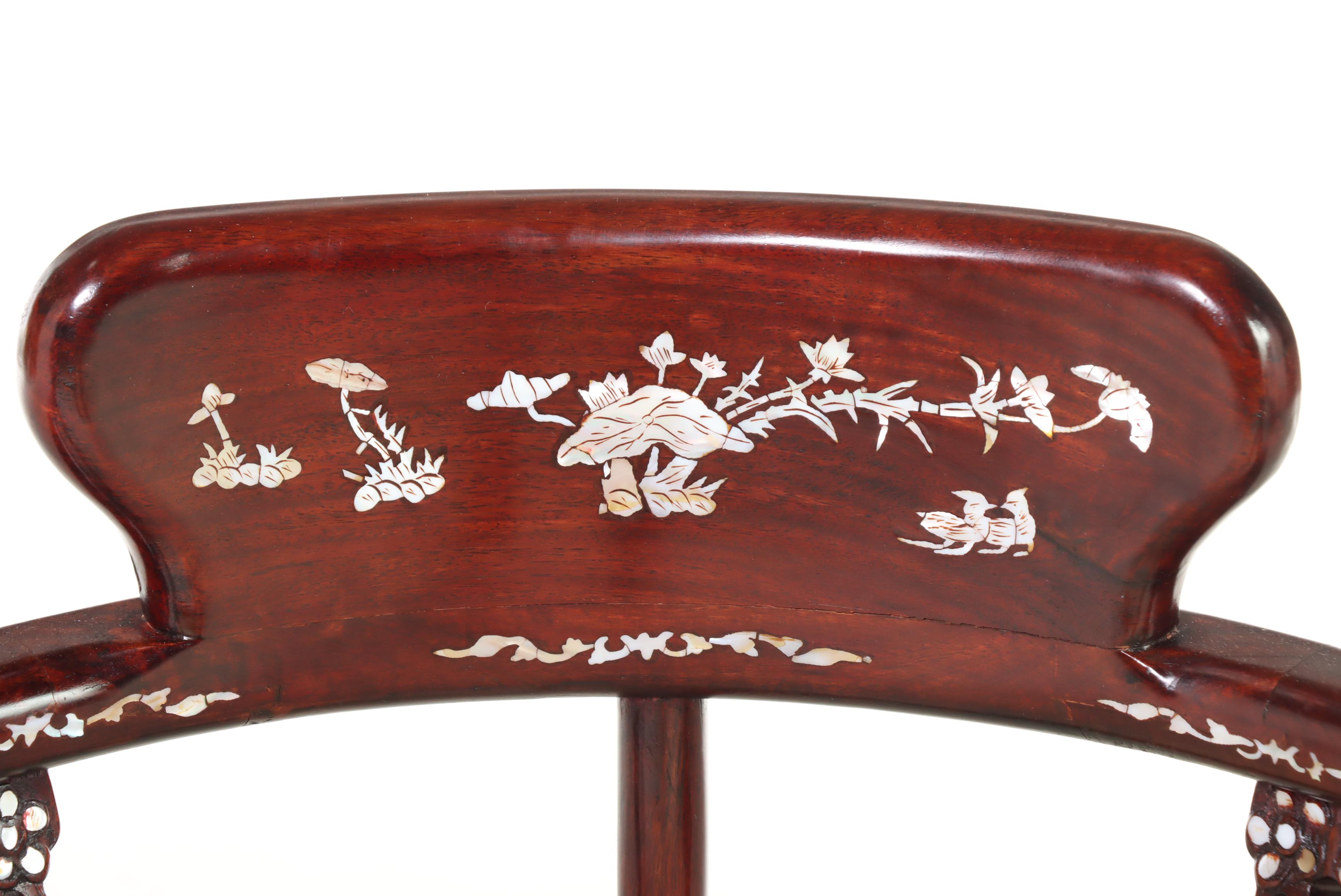 Chinese Carved Hardwood and Mother-of-Pearl Inlaid Corner Armchair