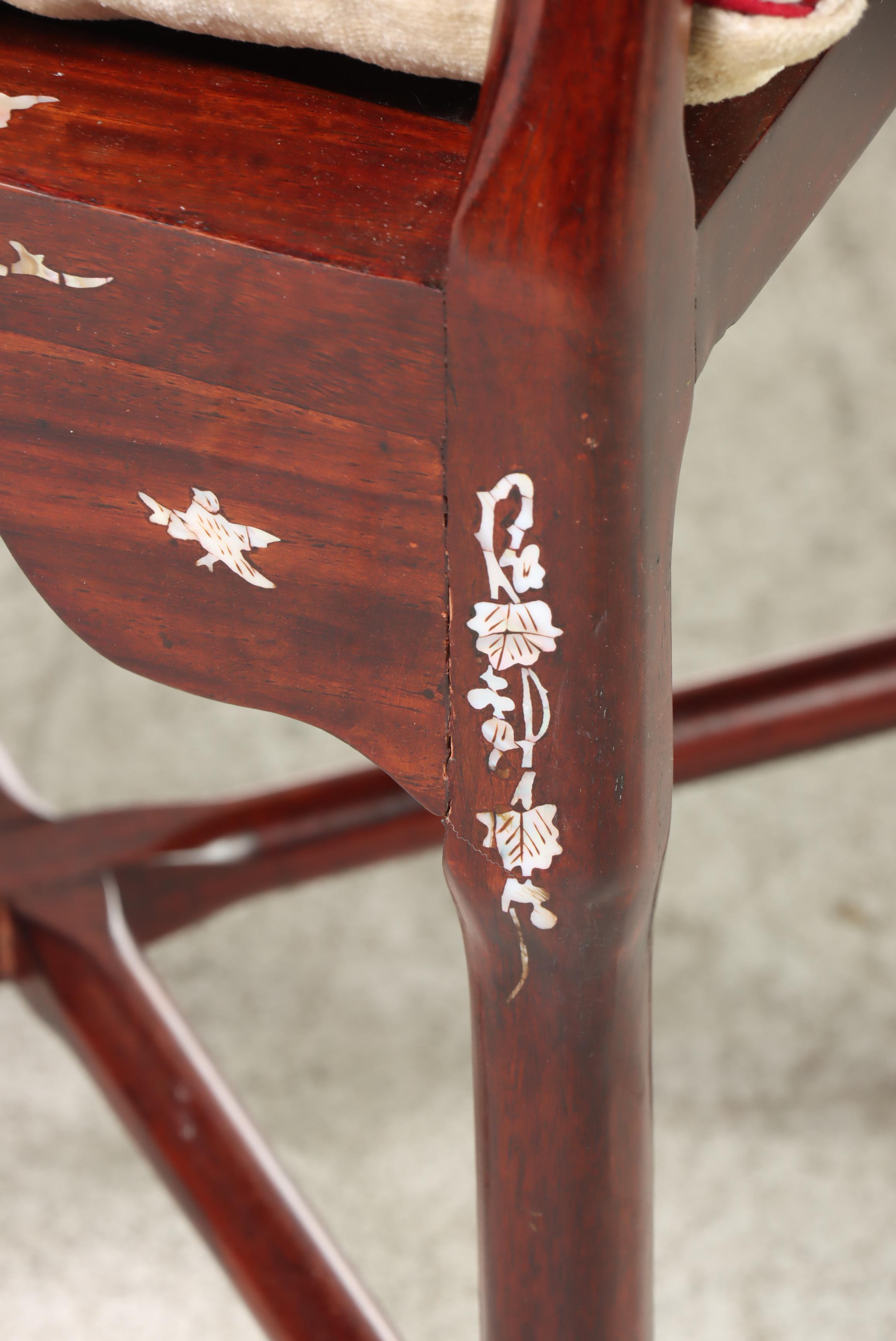 Chinese Carved Hardwood and Mother-of-Pearl Inlaid Corner Armchair