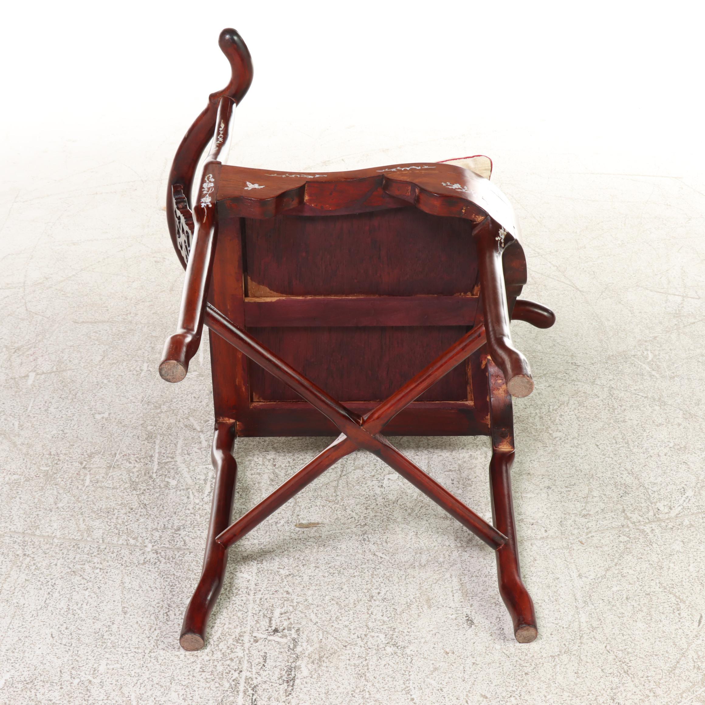 Chinese Carved Hardwood and Mother-of-Pearl Inlaid Corner Armchair