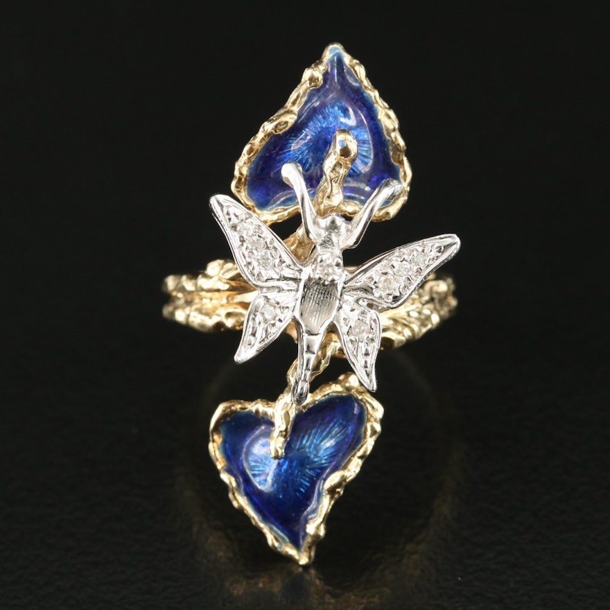 14K Diamond and Enamel Foliate Ring with 10K Butterfly Accent