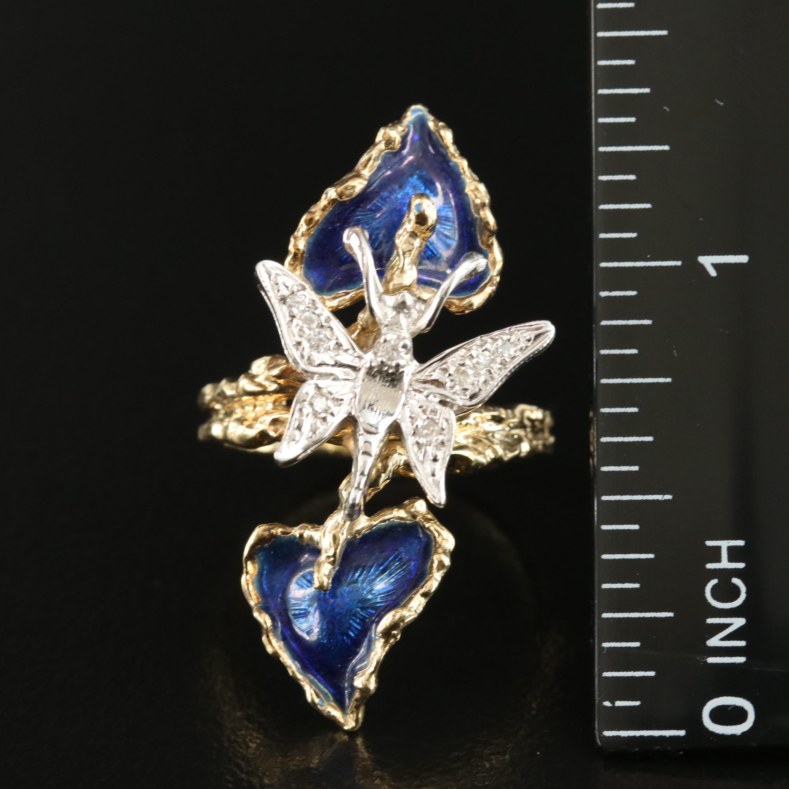 14K Diamond and Enamel Foliate Ring with 10K Butterfly Accent