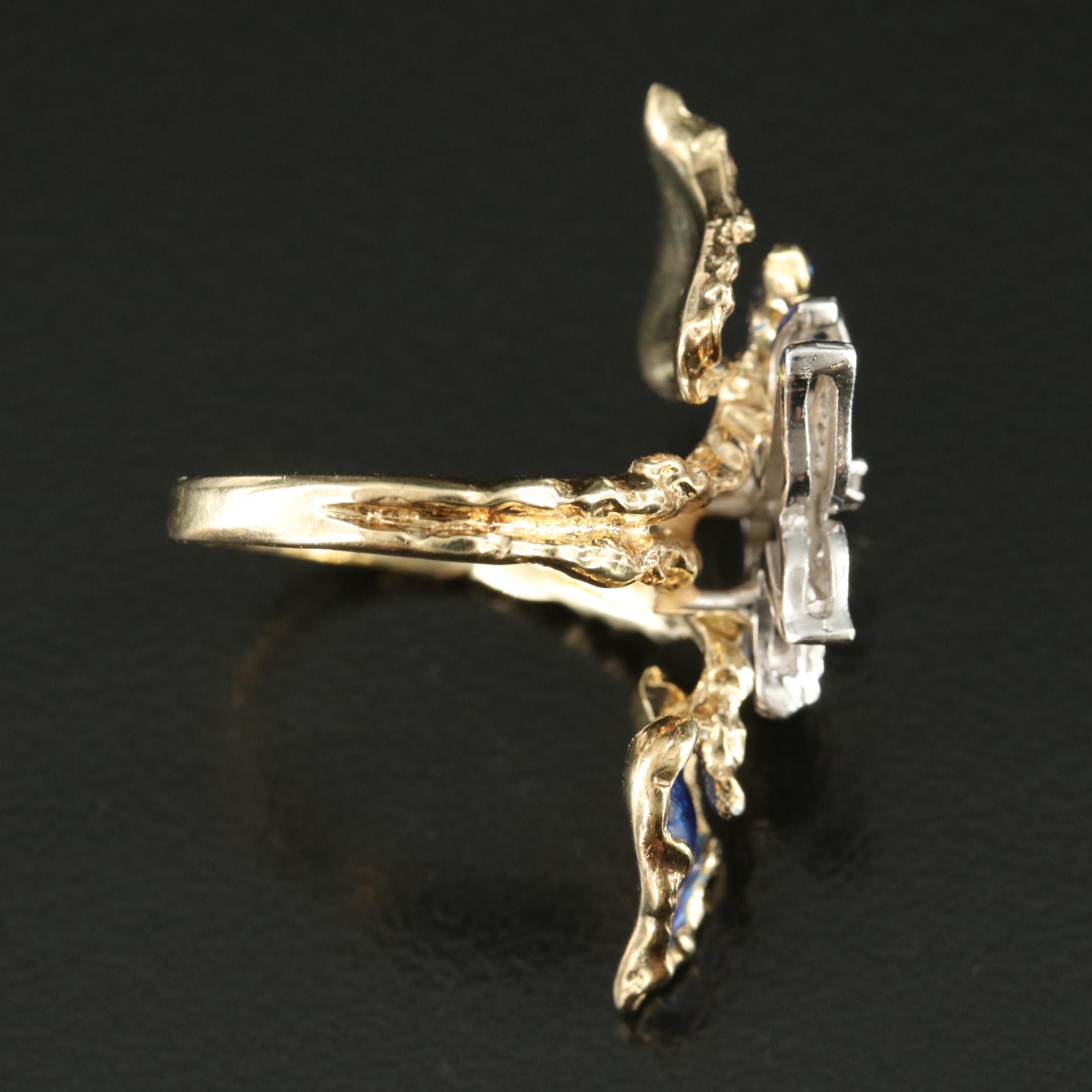 14K Diamond and Enamel Foliate Ring with 10K Butterfly Accent