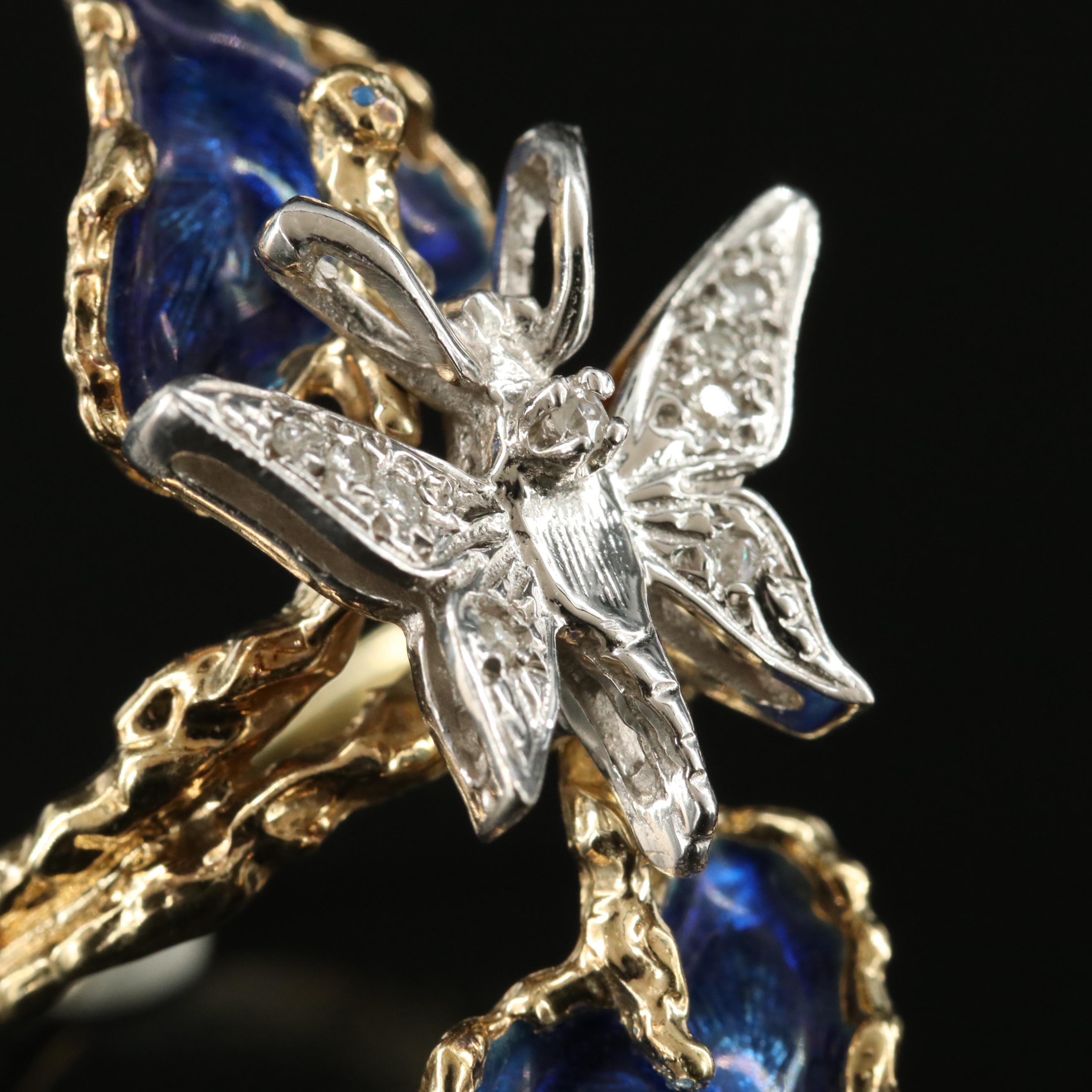 14K Diamond and Enamel Foliate Ring with 10K Butterfly Accent