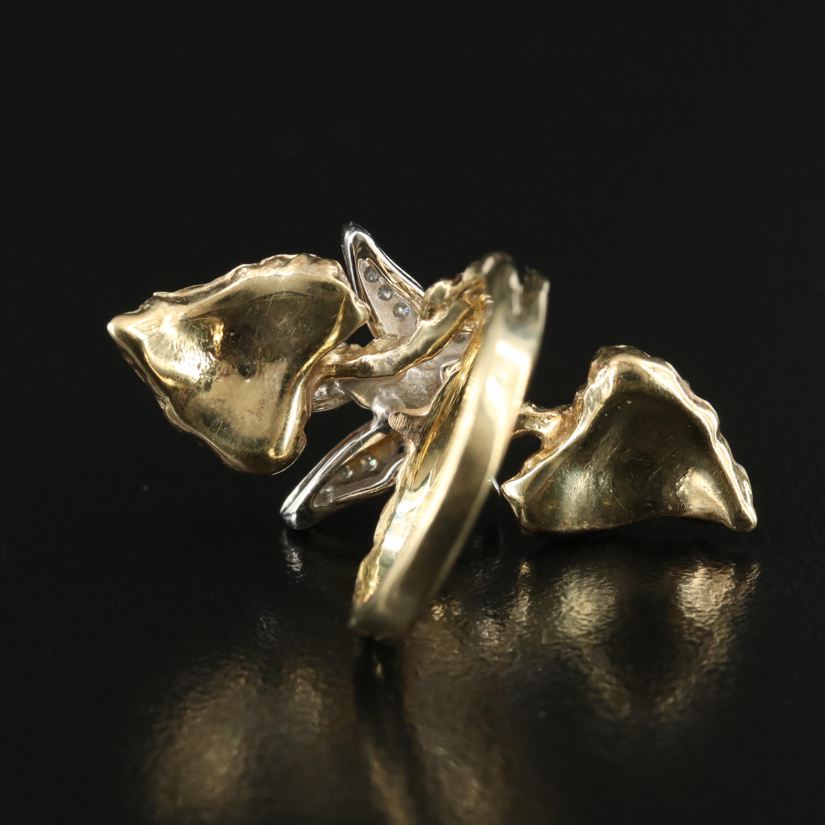 14K Diamond and Enamel Foliate Ring with 10K Butterfly Accent