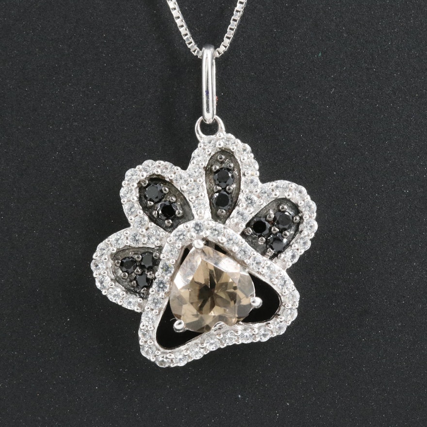 Smoky Quartz, Sapphire and Cubic Zirconia Paw Print Pendant on 10K Box Chain