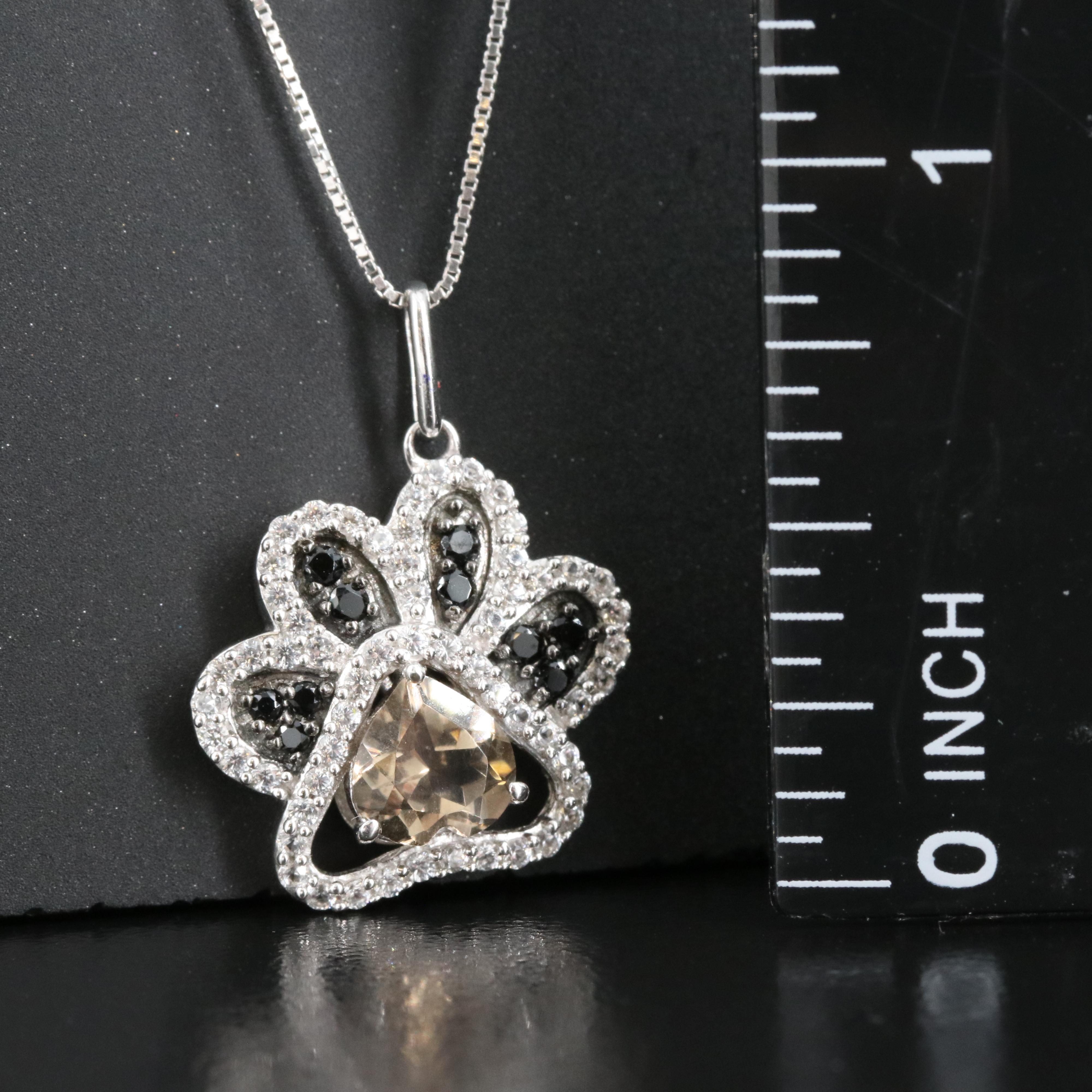 Smoky Quartz, Sapphire and Cubic Zirconia Paw Print Pendant on 10K Box Chain