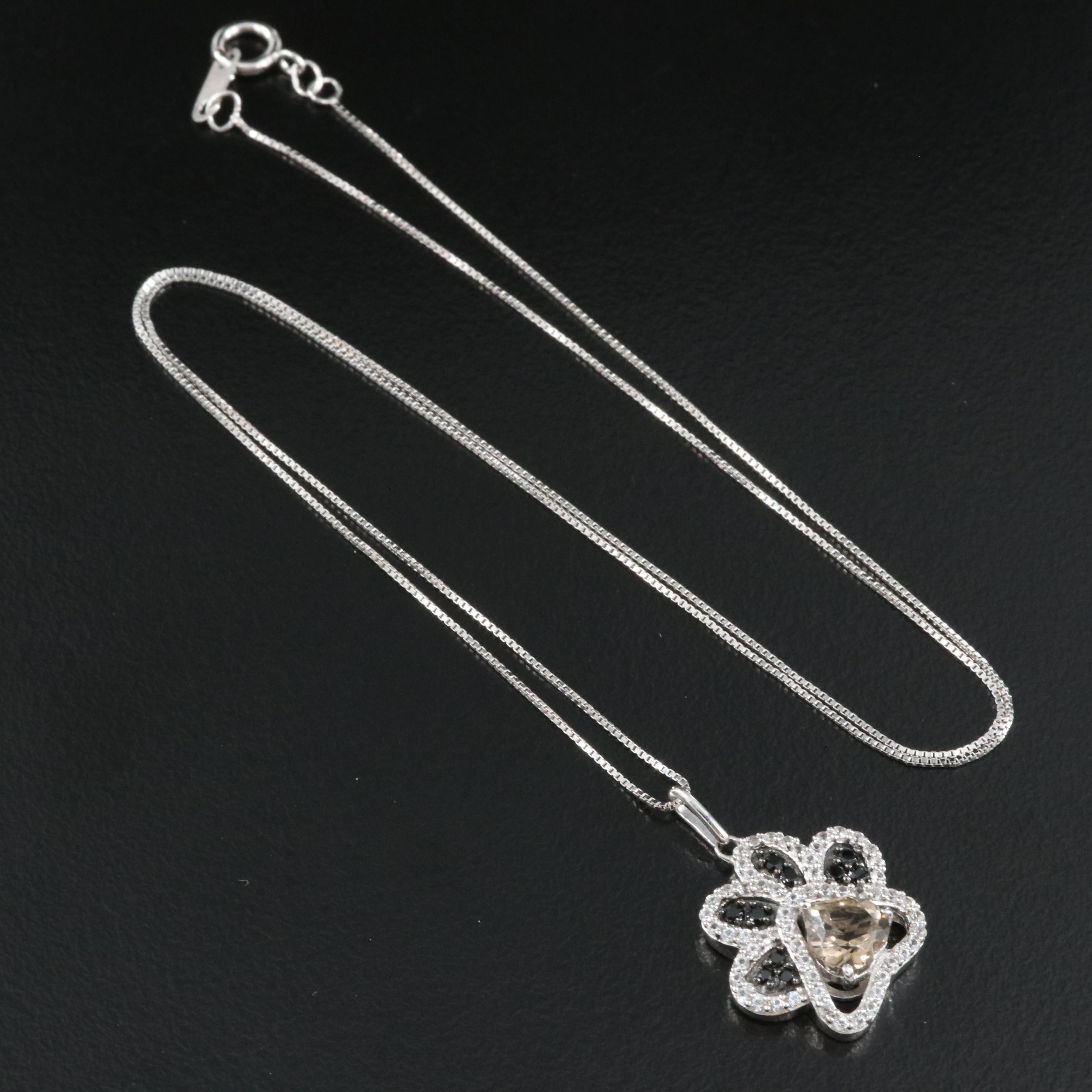 Smoky Quartz, Sapphire and Cubic Zirconia Paw Print Pendant on 10K Box Chain