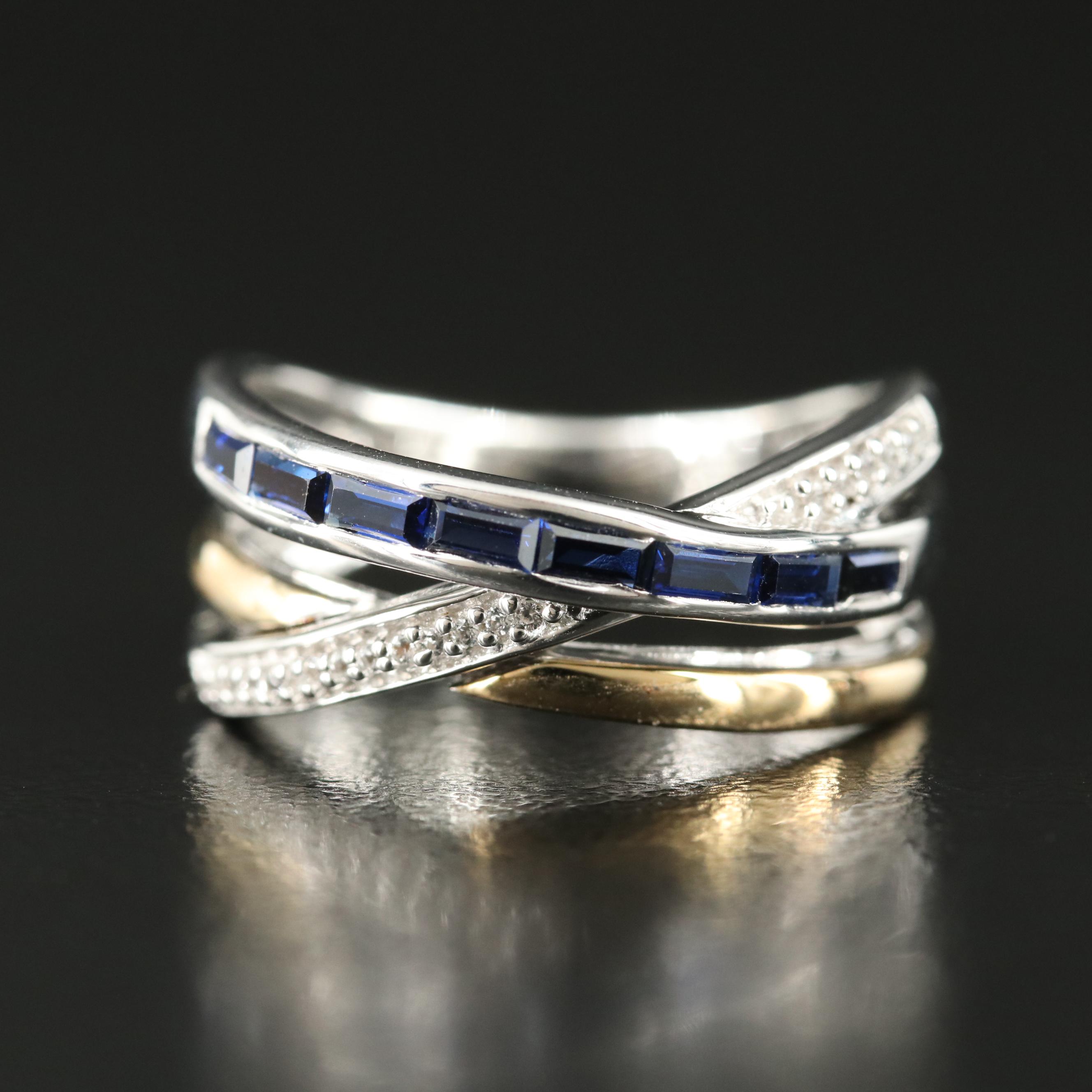 Sterling Sapphire and White Sapphire Crossover Ring with 10K Rose Gold Accents