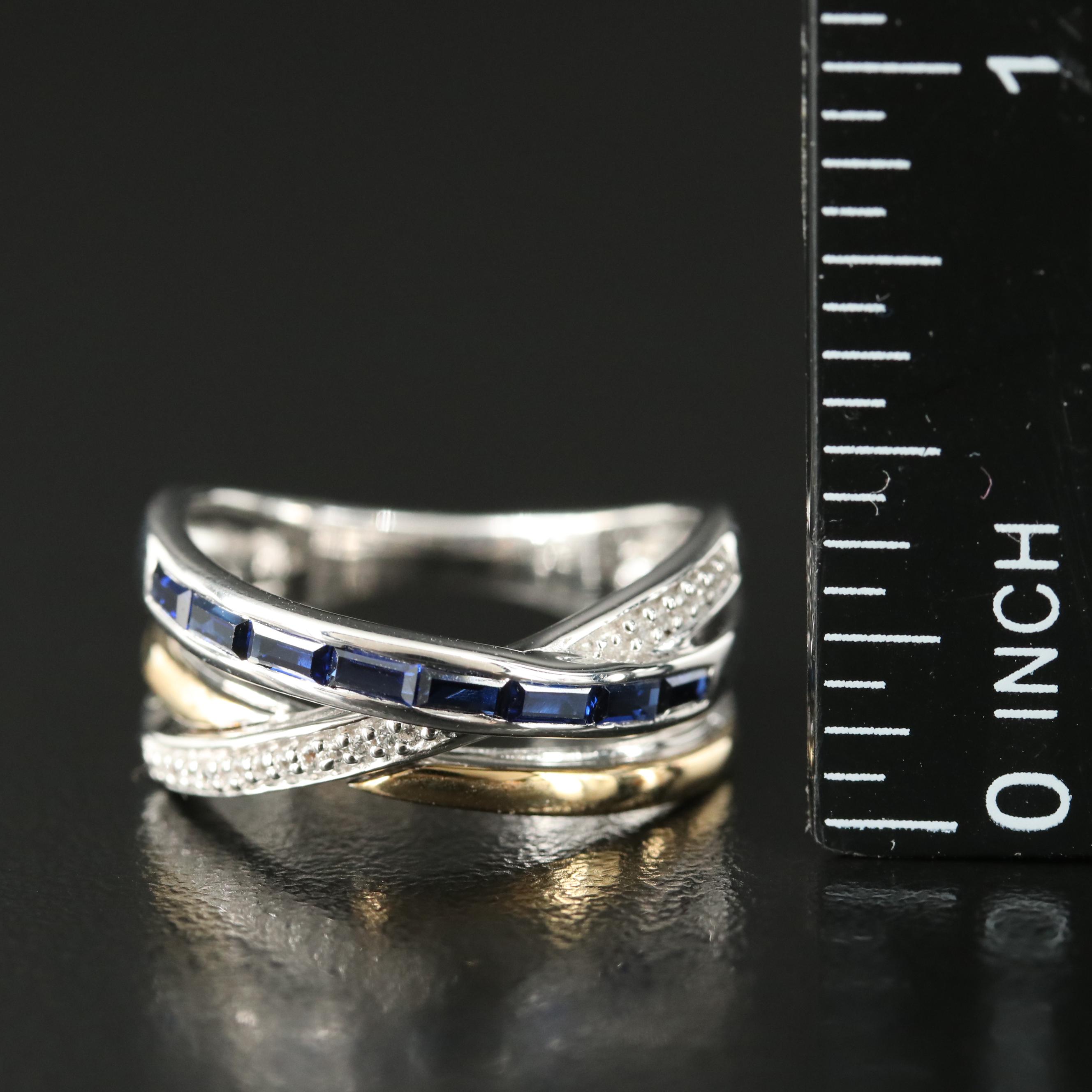 Sterling Sapphire and White Sapphire Crossover Ring with 10K Rose Gold Accents