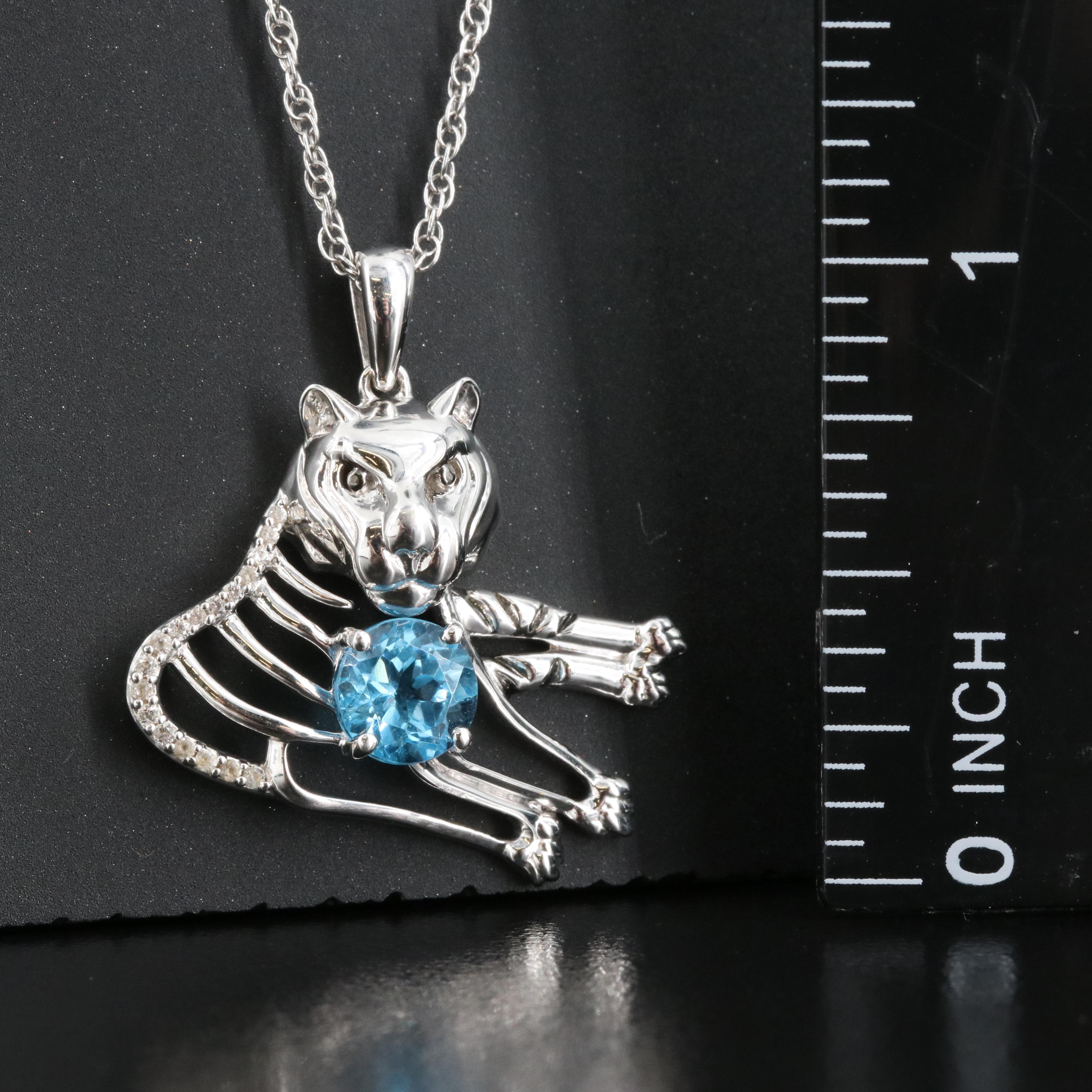 Sterling Swiss Blue Topaz Cat Pendant Necklace