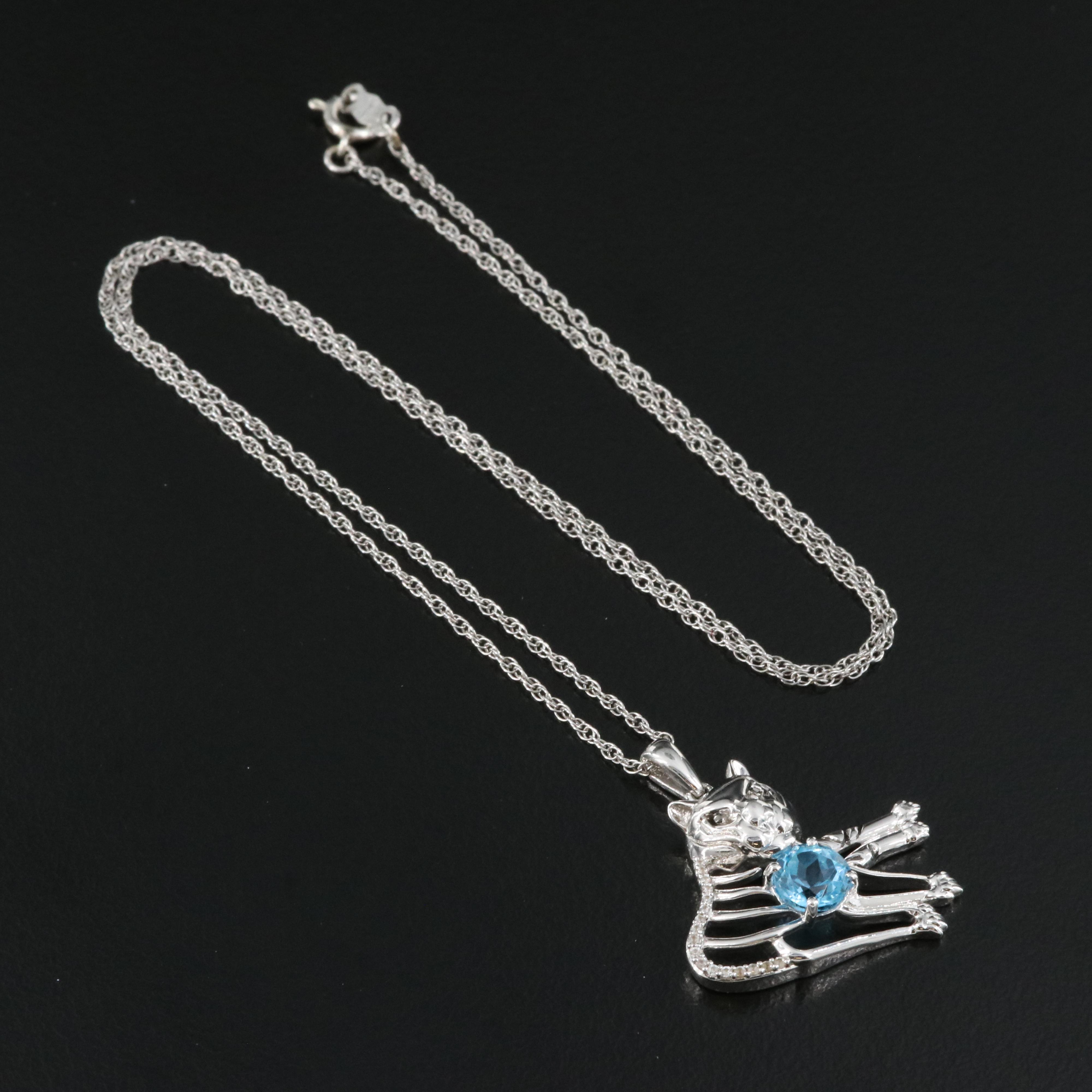 Sterling Swiss Blue Topaz Cat Pendant Necklace